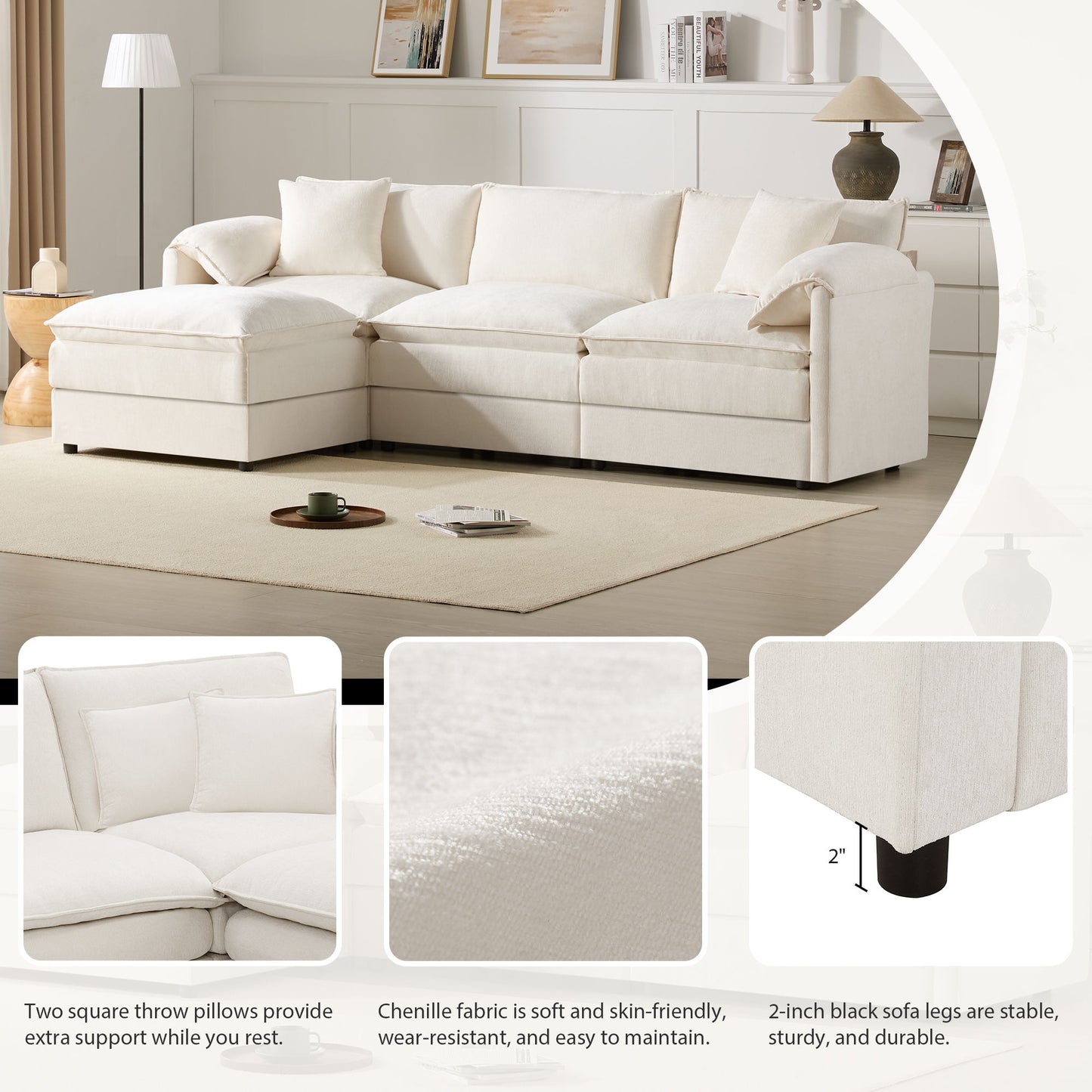 Modular Sectional With Deep And Wide Seat, L Shaped Cloud Couch Set With Double Cushions 4 Seat Sofa With Movable Ottoman Oversized - Cream