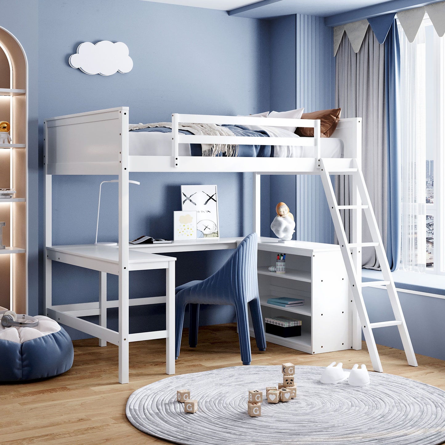 Full Size Loft Bed With Shelves With Desk - White