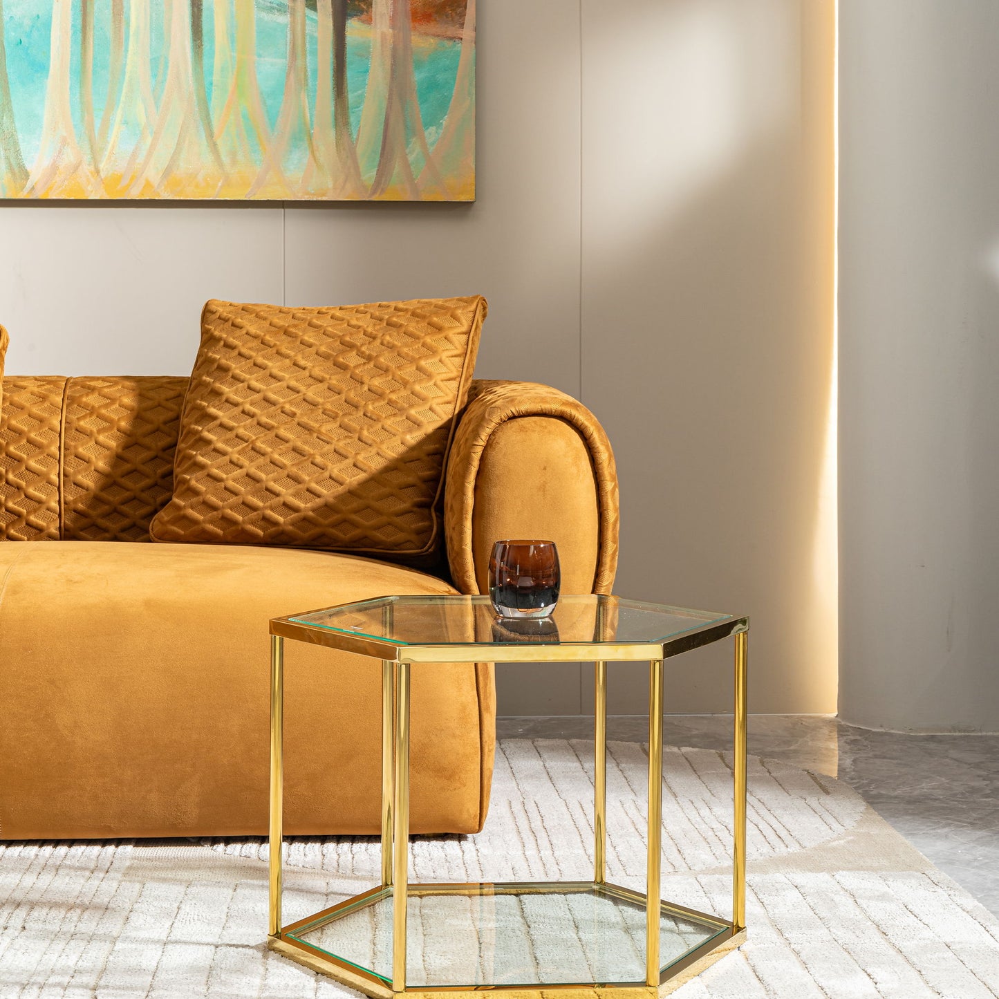 Modern Stainless Steel Coffee Table With Double Layer Tempered Glass And Polygonal Design - Gold