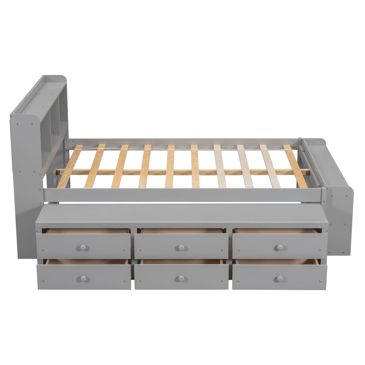 Full Bed With Bookcase Headboard, Under Bed Storage Drawers And Bed End Storage Case - Gray