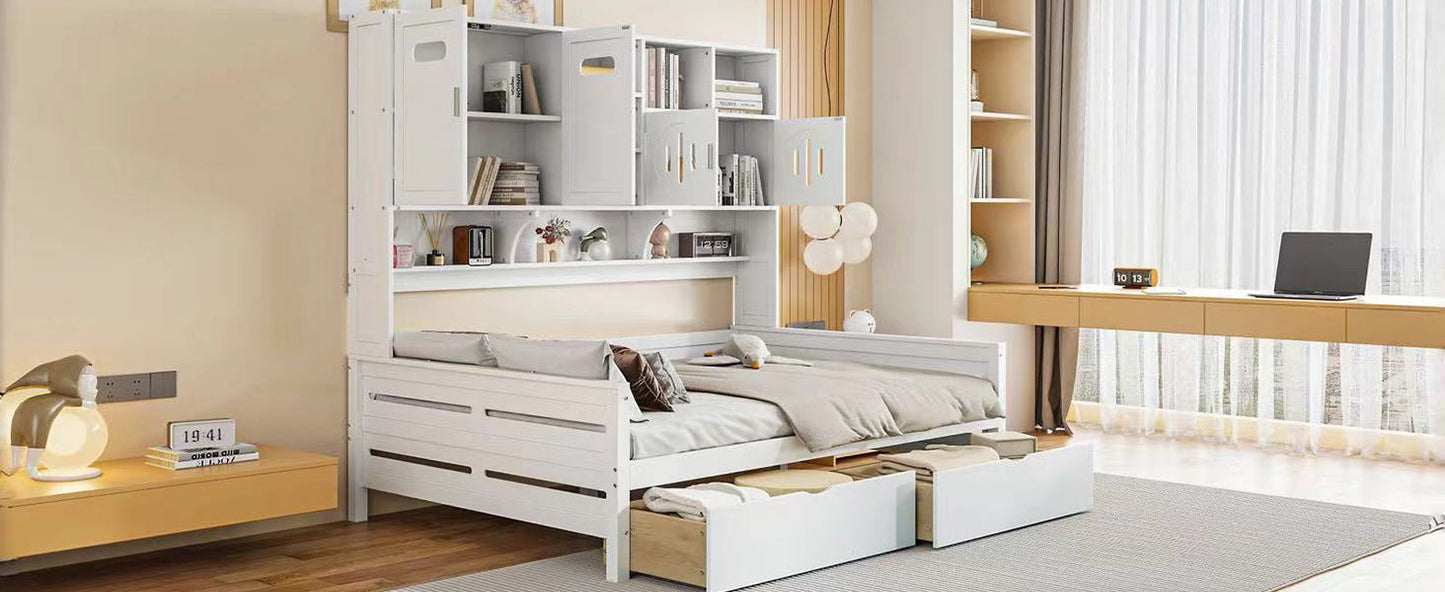 Twin Size Daybed With 2 Drawers And All In One Cabinet And Shelf - White