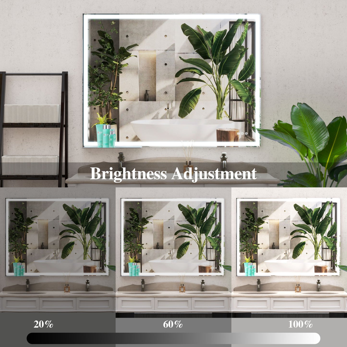LED Bathroom Vanity Mirror Wall Mounted, Adjustable White / Warm / Natural Lights Anti-Fog Touch Switch With Memory Modern Smart Large Bathroom Mirrors - Silver
