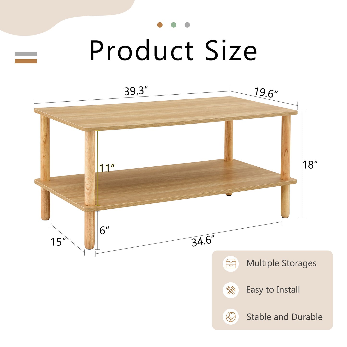 Modern 2 Tier Coffee Table For Living Room Furniture, Rectangular Center Table With Open Storage Shelf, Rounded Rubberwood Legs, Stable And Durable - Burly Wood