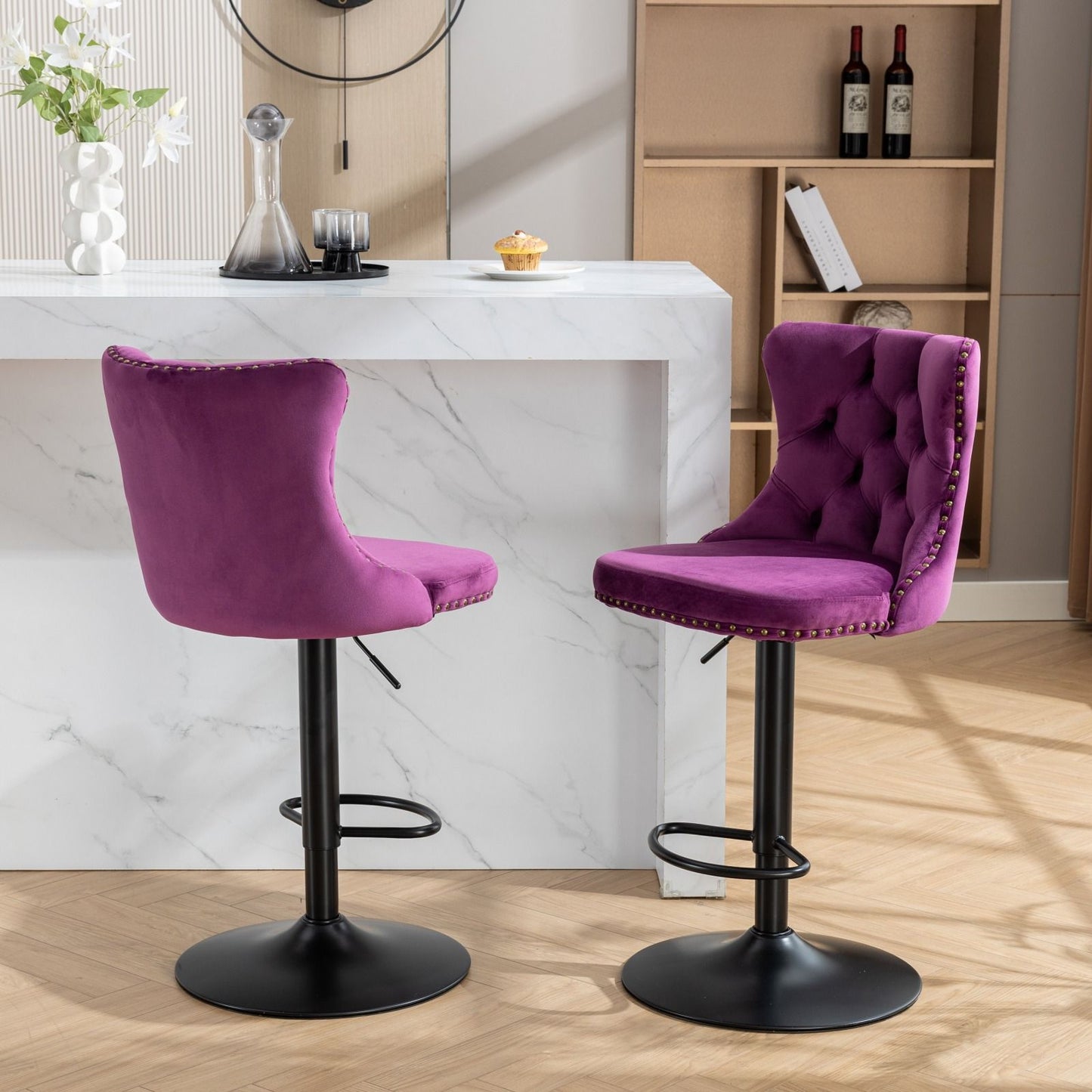 Swivel Velvet Barstools Adjusatble Seat Height , Modern Upholstered Bar Stools With Backs Comfortable Tufted For Home Pub And Kitchen Island (Set of 2) - Purple