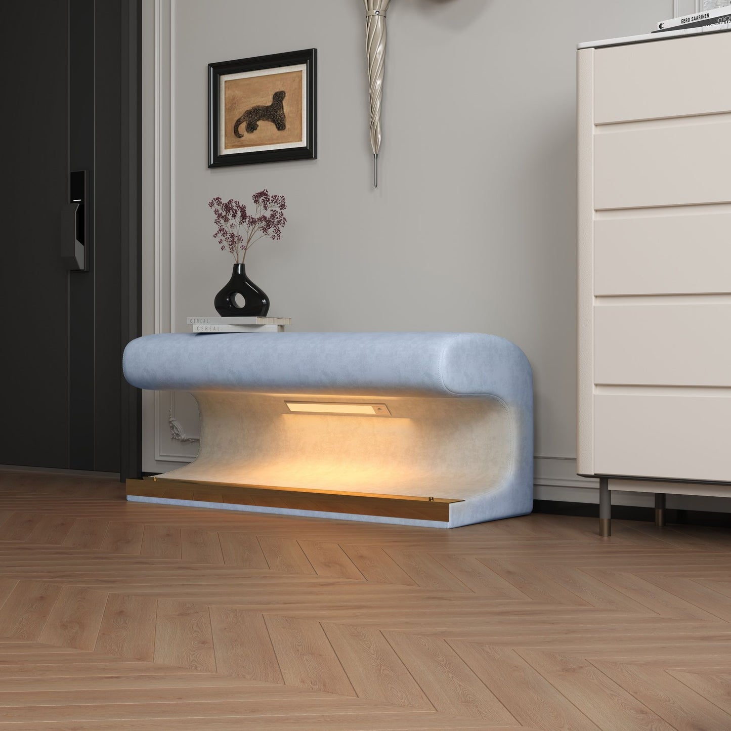 Modern Leather Upholstered Entryway Bench With LED Sensor Light Ottoman For Living Room, Or End Of Bed - Blue
