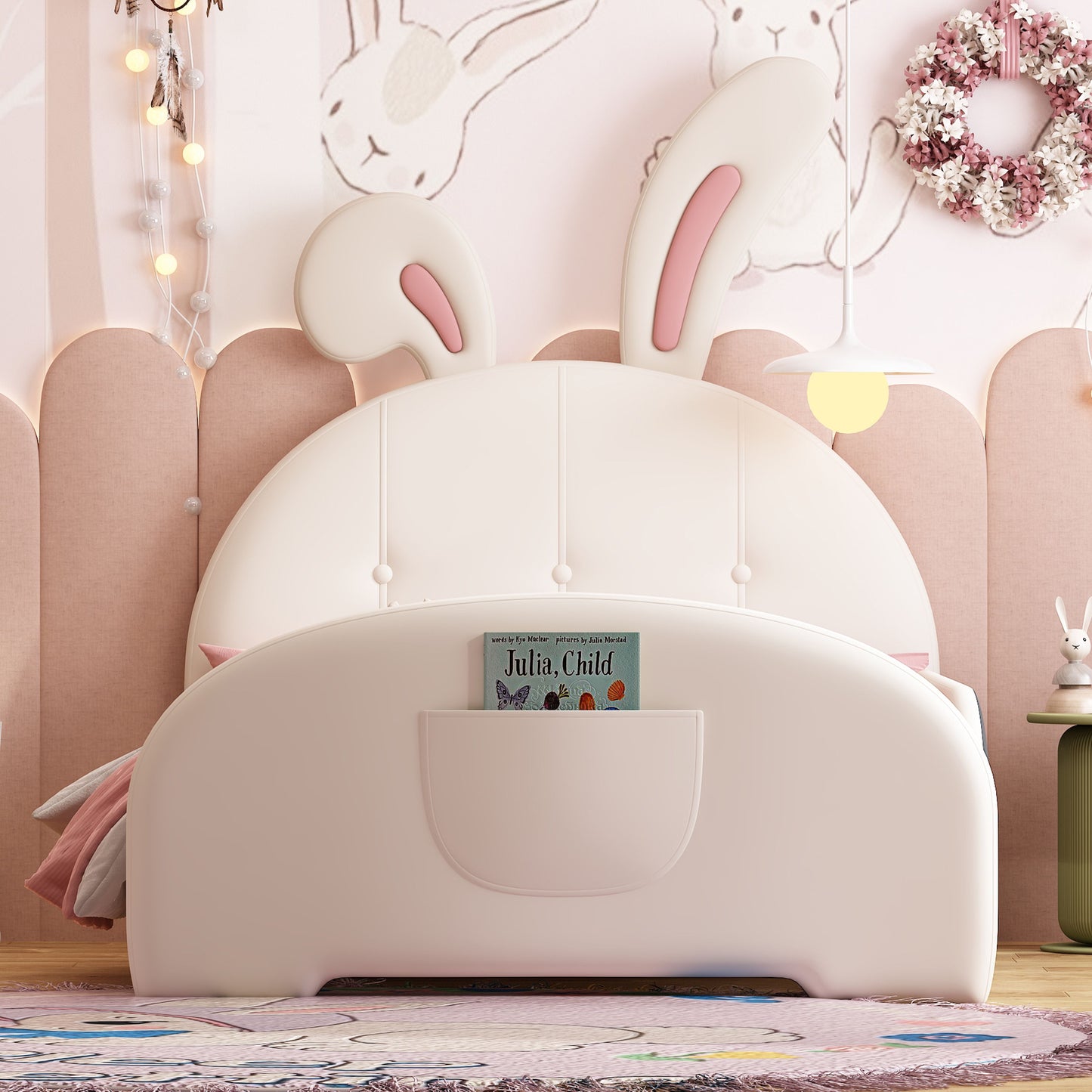 Twin Size Upholstered Rabbit-Shape Princess Bed, Twin Size Platform Bed With Headboard And Footboard - White