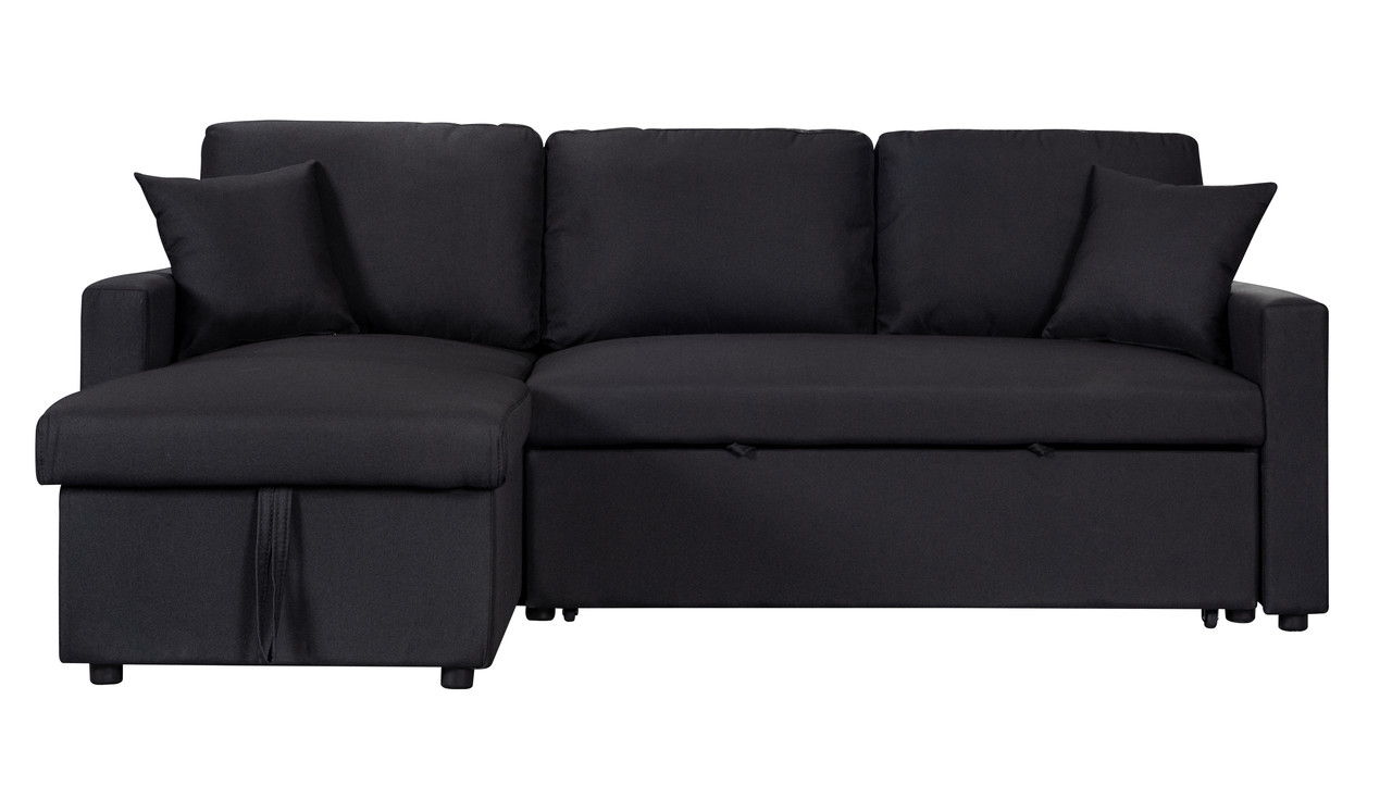 Paisley - Linen Fabric Reversible Sleeper Sectional Sofa With Storage Chaise - Black