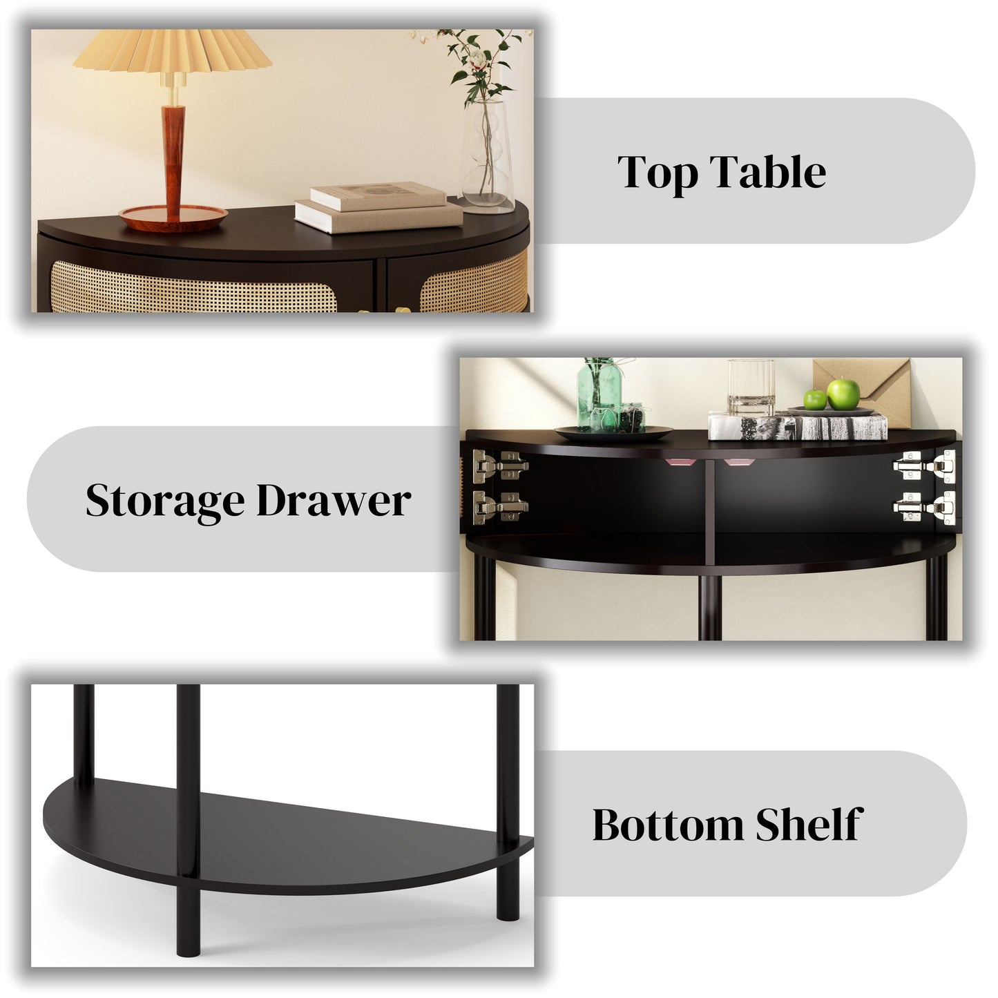 Boho Rattan Semi Circle End Table With Sliding Door, Elegant Wood Accent Table With Storage And Bottom Shelf - Black