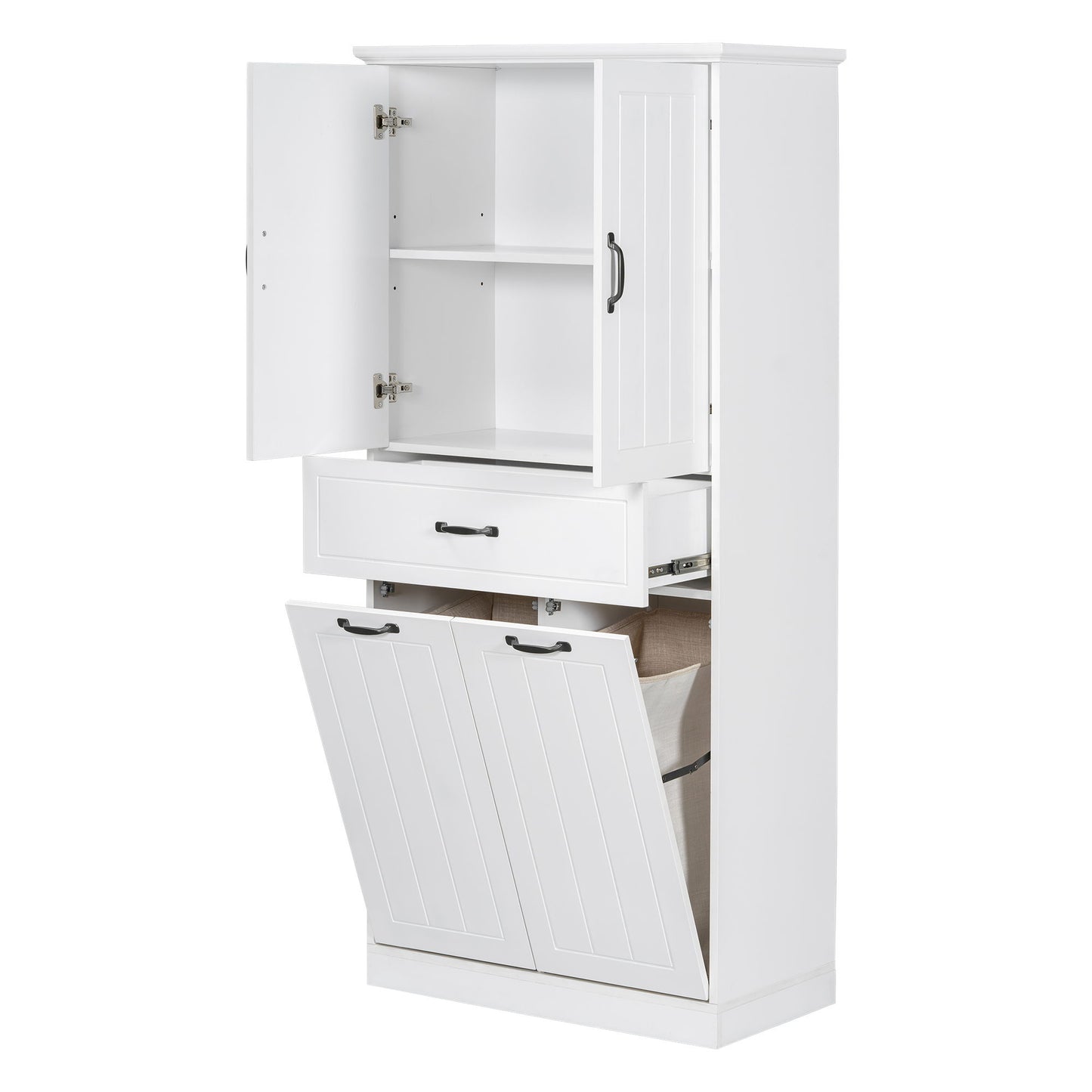 Modern Bathroom Storage Cabinet With 2 Laundry Baskets, 1 Drawer, Adjustable Shelf - White
