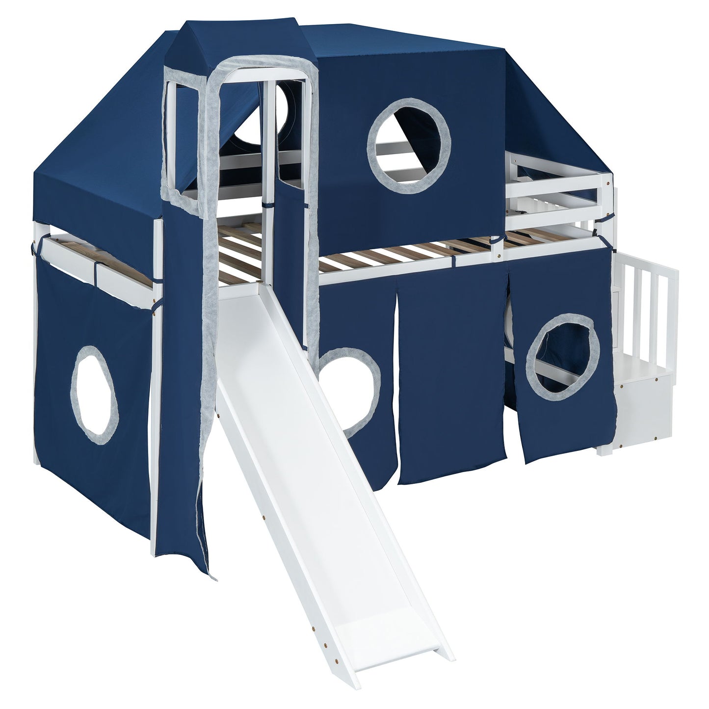 Twin Size Loft Bed With Tent And Tower - Blue