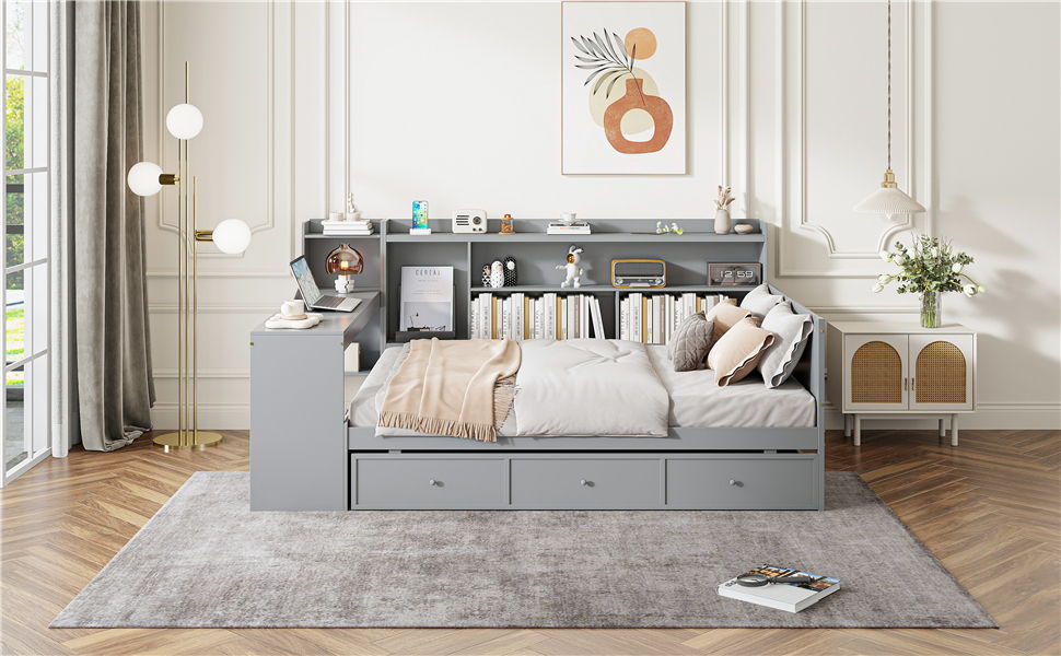 Full Size Daybed With 3 Drawers USB Ports And Desk - Gray