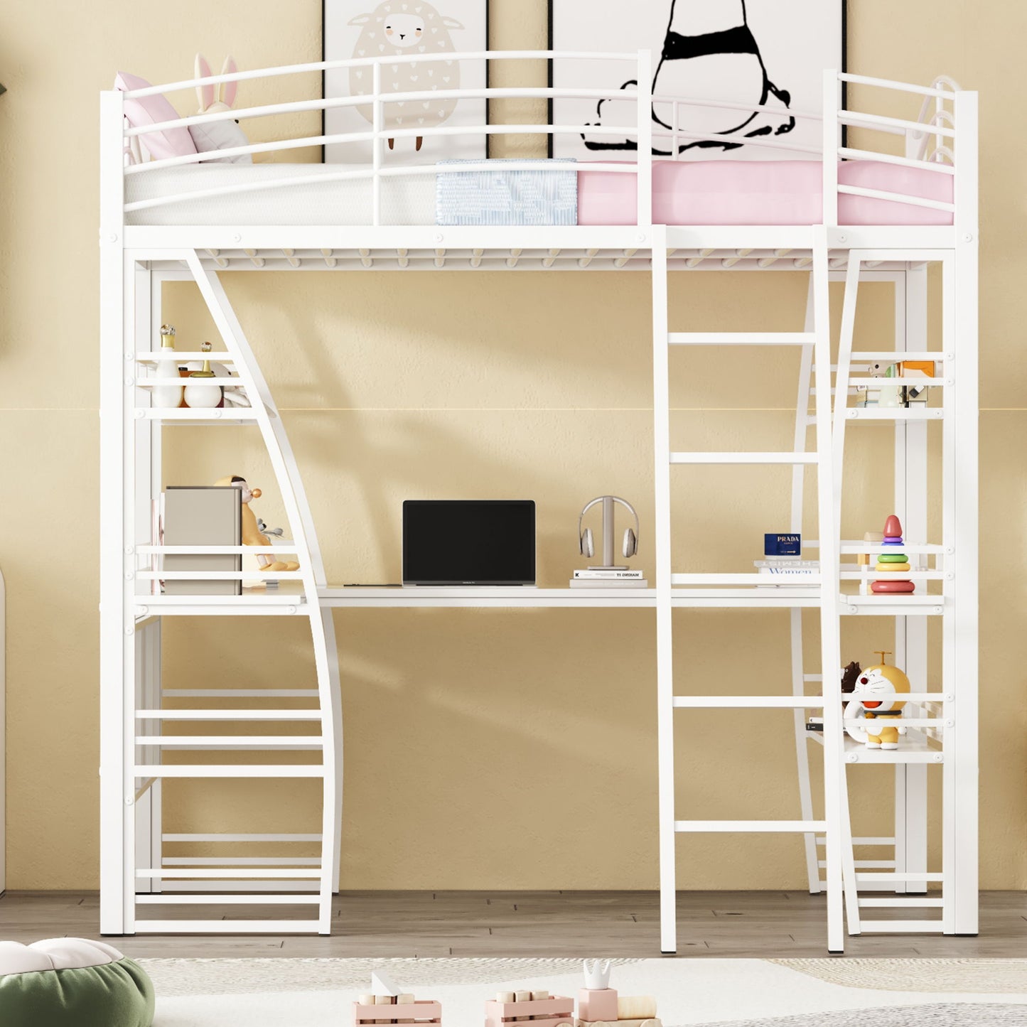 Twin Size Loft Bed With 4 Layers Of Shelves And L-Shaped Desk, Stylish Frame With A Set Of Sockets, USB Ports And And Wireless Charging - White
