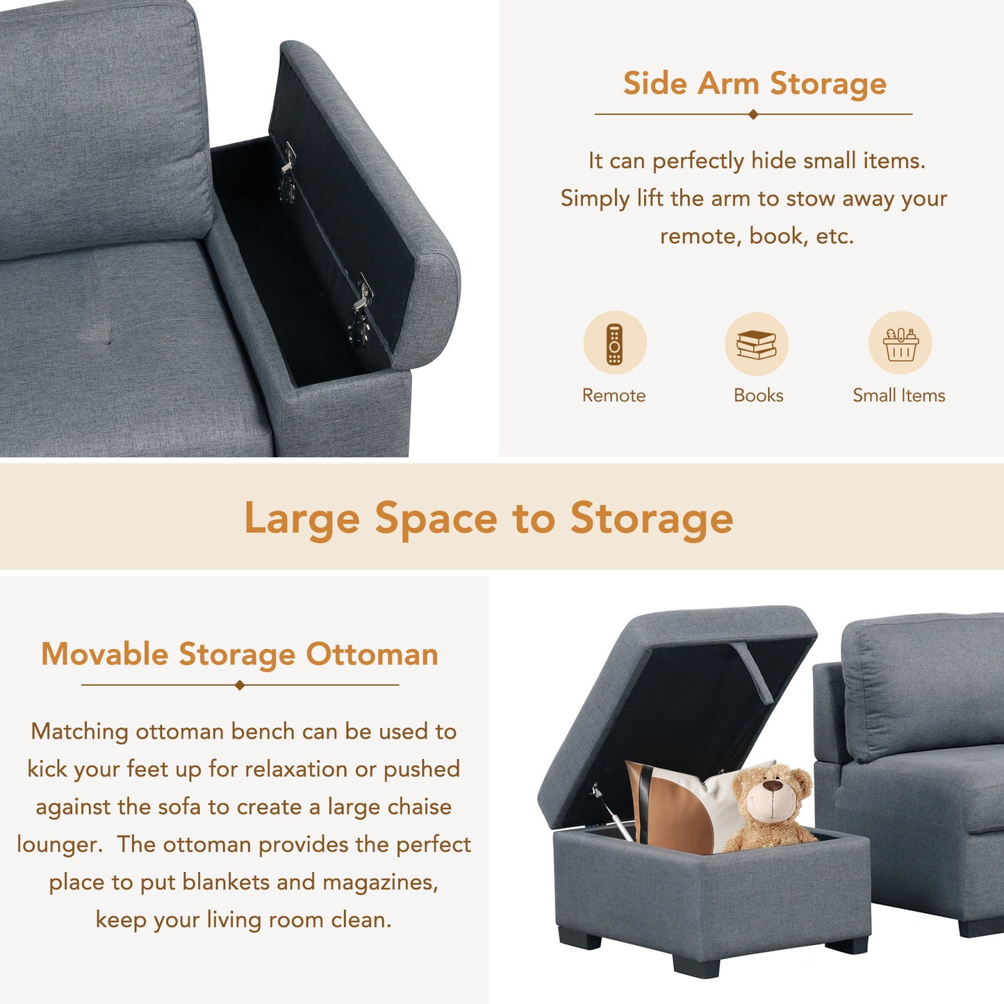 Sleeper Sectional Sofa, L-Shape Corner Couch Sofa - Bed With Storage Ottoman & Hidden Arm Storage & USB Charge For Living Room Apartment - Dark Gray