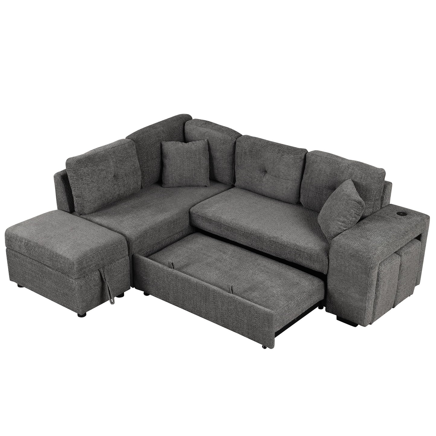 Convertible Sleeper, Sectional Pull Out Sofa Bed With Storage Ottoman, 2 Throw Pillows, 2 Stools, Wireless Charger And Two Hidden USB Ports For Living Room - Dark Gray