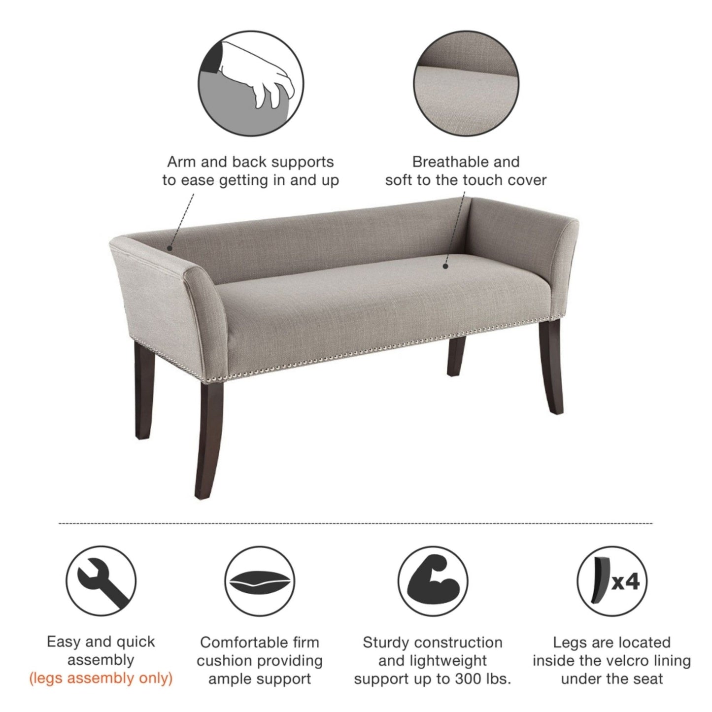 Modern Design The Bench Upholstered Solid Wood - Gray