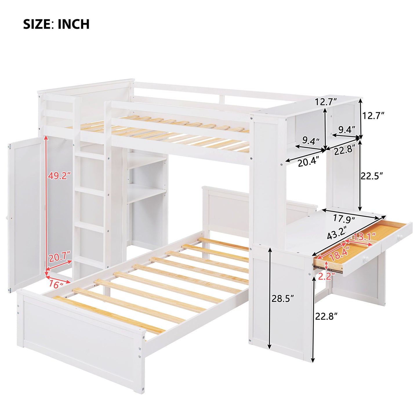 Twin Size Loft Bed With A Stand Alone Bed, Shelves, Desk, And Wardrobe - White