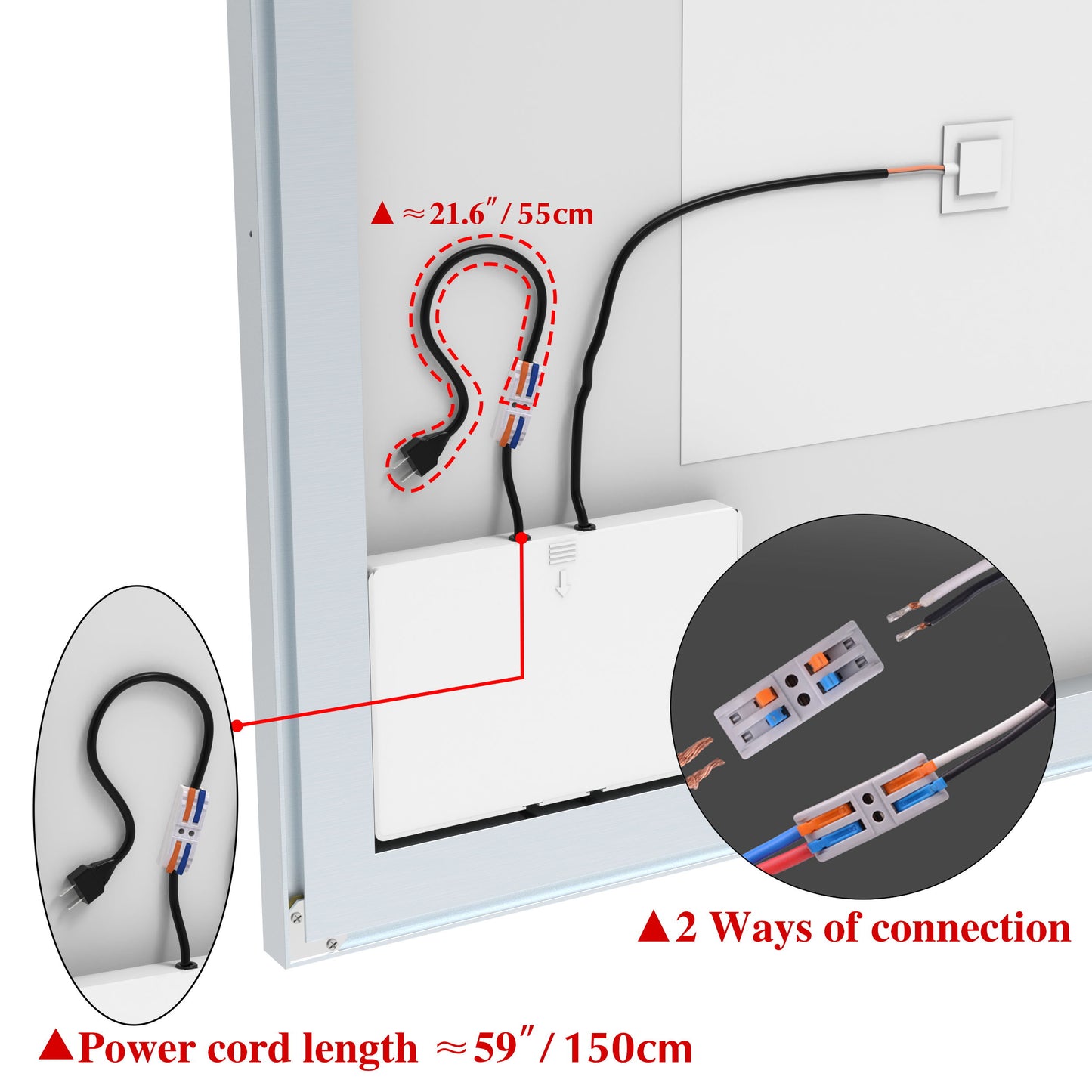 LED Bathroom Vanity Mirror, Wall Mounted Adjustable White / Warm / Natural Lights Anti-Fog Touch Switch With Memory Modern Smart Large Bathroom Mirrors - Silver