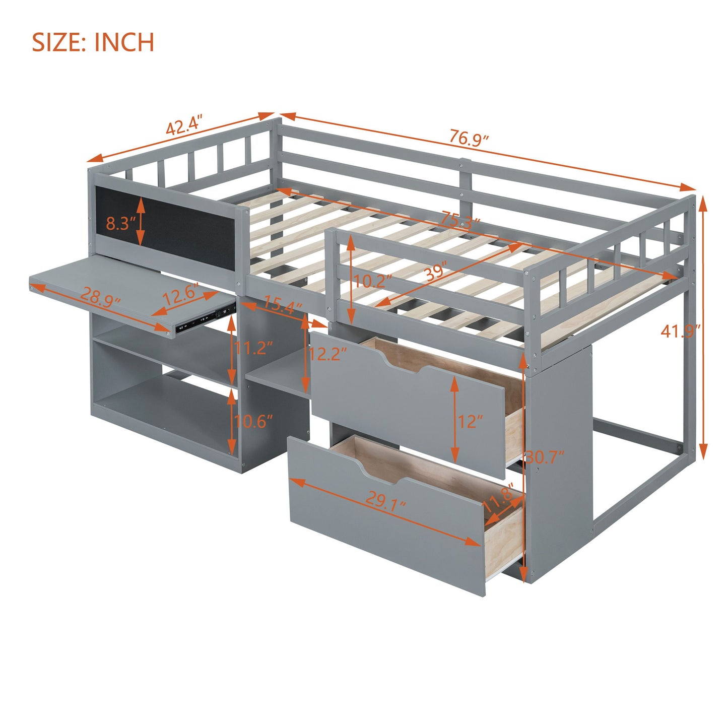 Twin Size Low Loft Bed With Rolling Desk, Shelf And Drawers - Gray