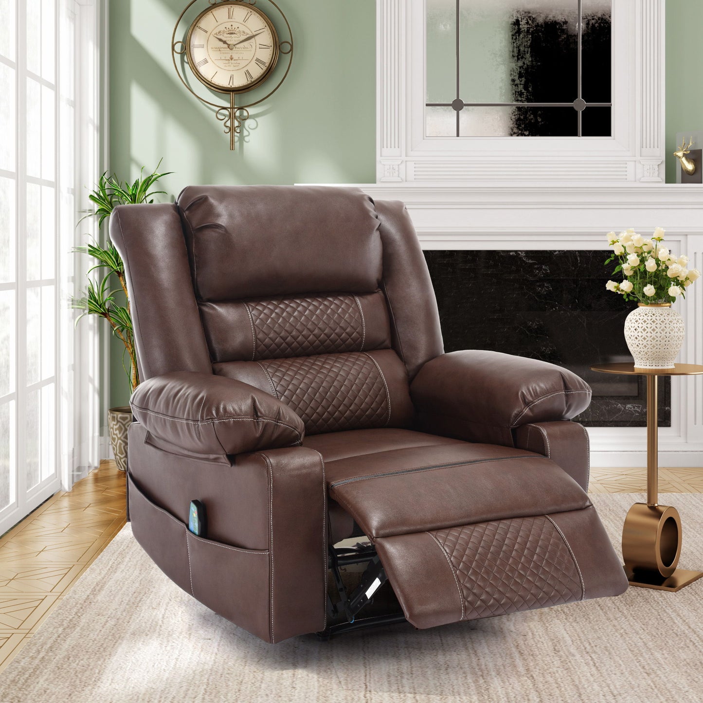 Breathable Leather Massage Recliner Chair Manual Living Room Reclining Sofa - Brown