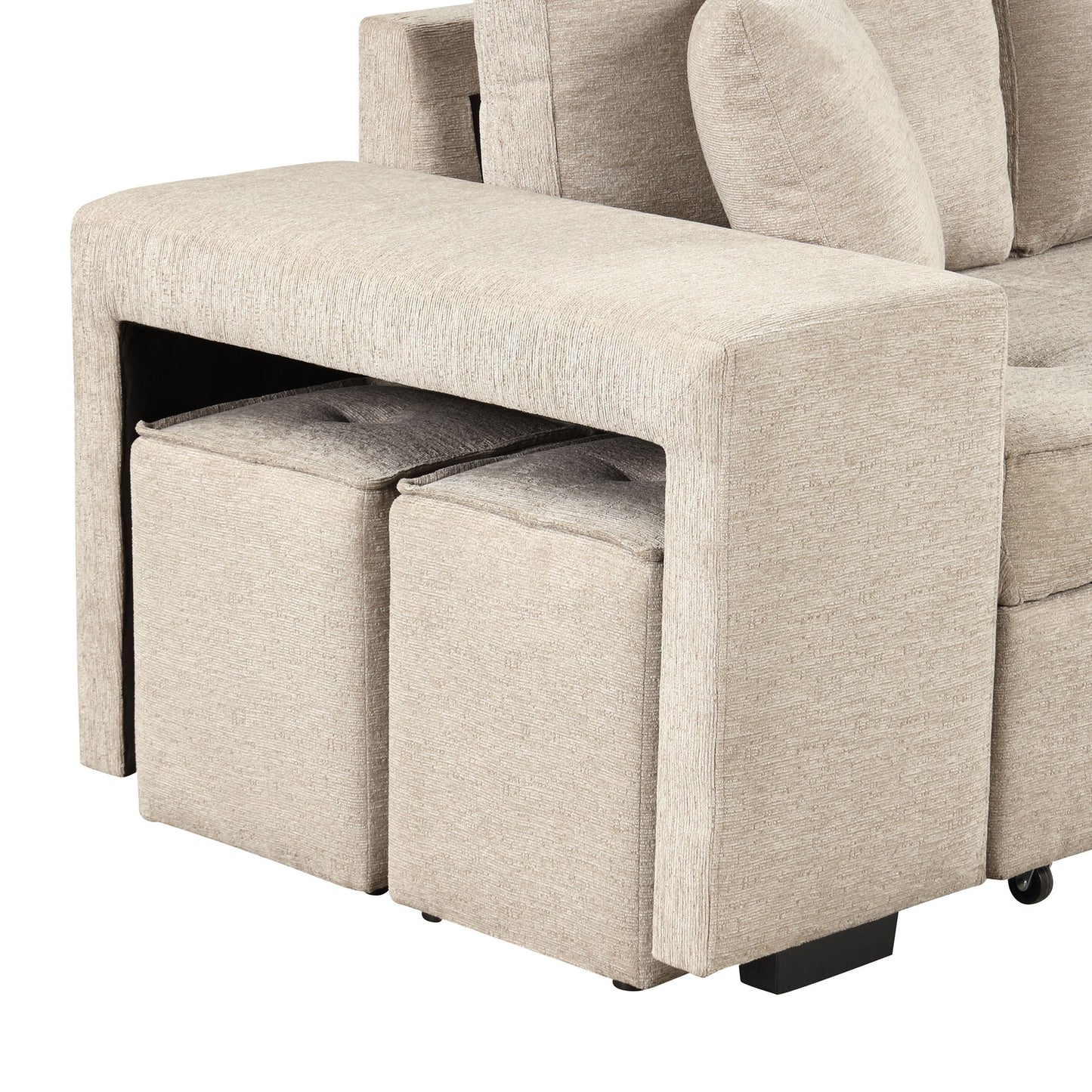 Modern L-Shape 3 Seat Reversible Sectional Couch, Pull Out Sleeper Sofa With Storage Chaise And 2 Stools For Living Room Furniture Set - Cream