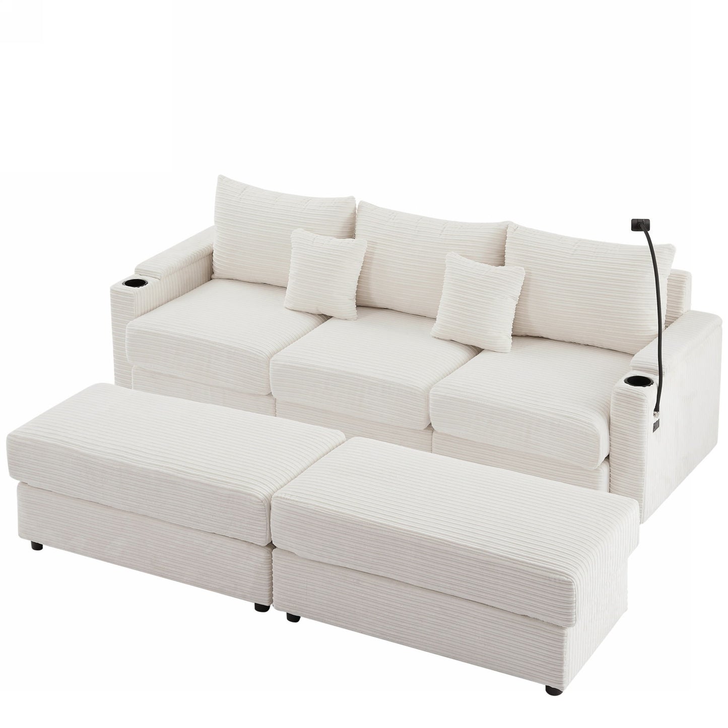 Modern Style 3 Seater Sofa Sectional Sofa Couch With Storage Space, Two Movable Ottomans, Two USB Ports, Two Cup Holders, A Phone Holder For Living Room - Beige