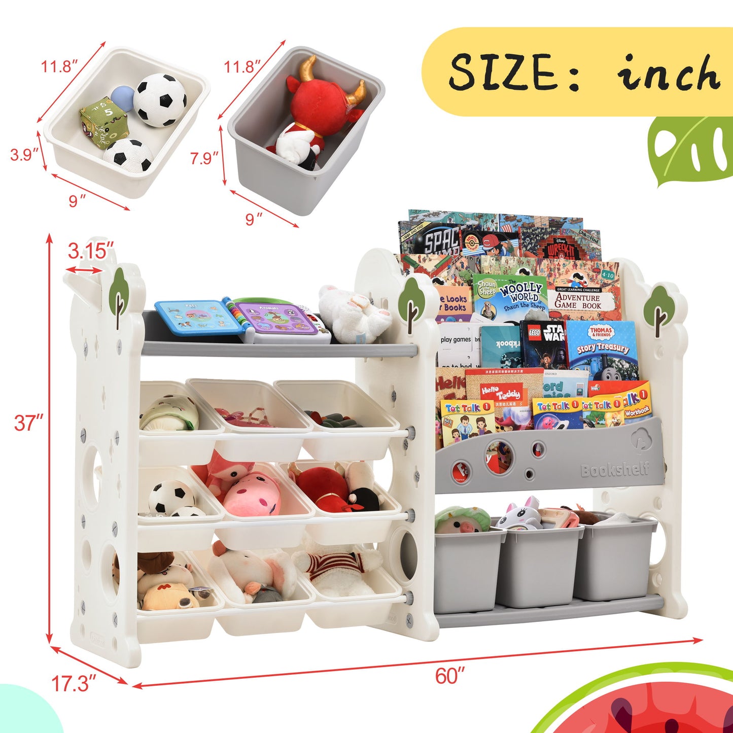 Kids Bookshelf Toy Storage Organizer With 17 Bins And 5 Bookshelves, Multi-Functional Nursery Organizer Kids Furniture Set Toy Storage Cabinet Unit With HDPE SheLF And Bins - Gray