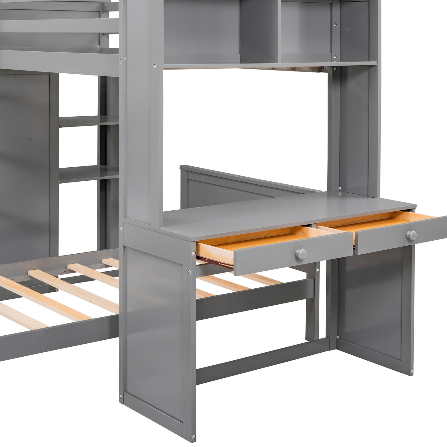 Twin Size Loft Bed With A Stand Alone Bed, Shelves, Desk, And Wardrobe - Gray