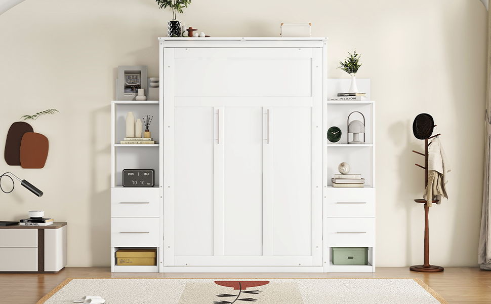 Full Size Murphy Wall Bed With Shelves, Drawers And LED Lights - White