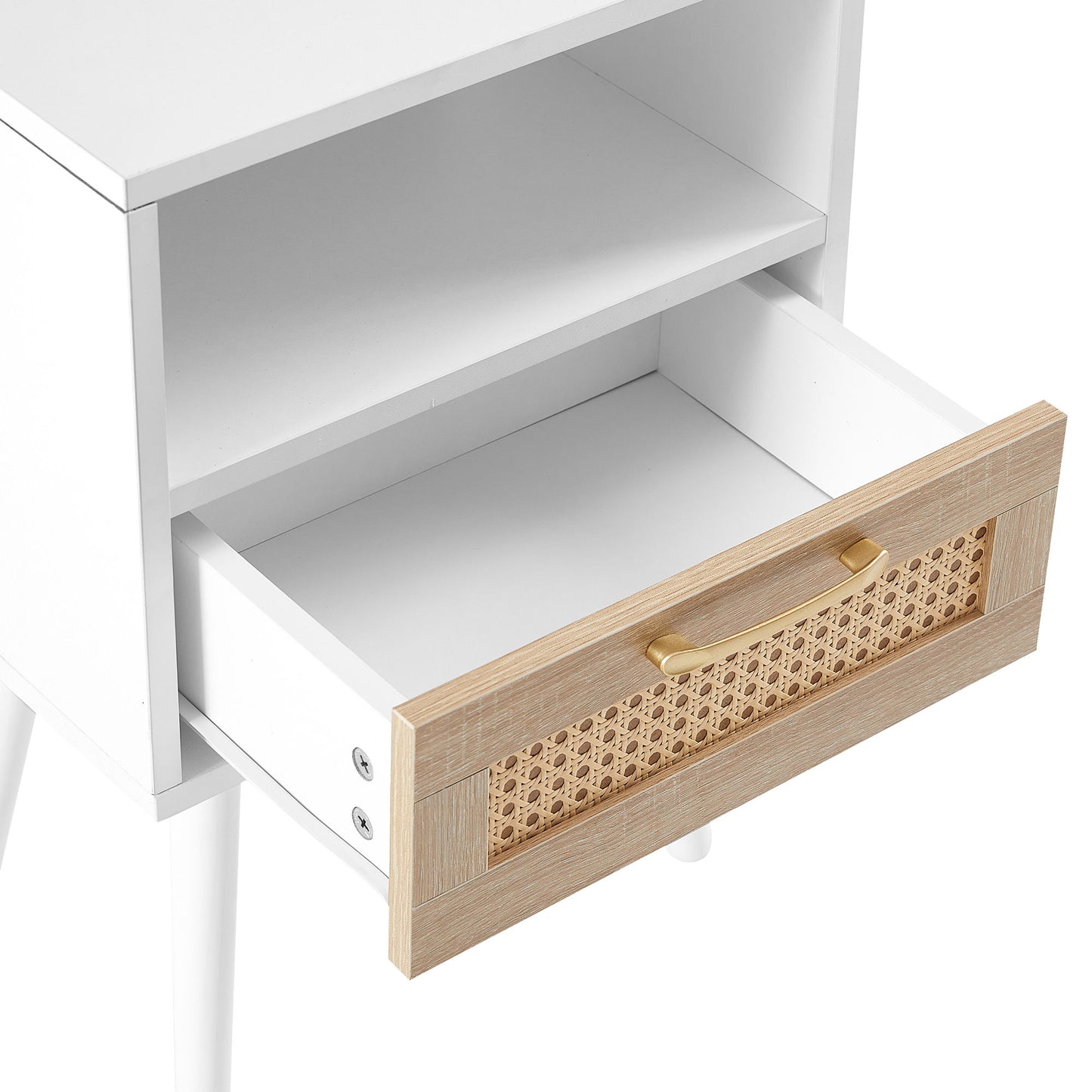 15.75" Rattan End Table With Drawer And Solid Wood Legs, Modern Nightstand, Side Table For Living Room, Bedroom - White