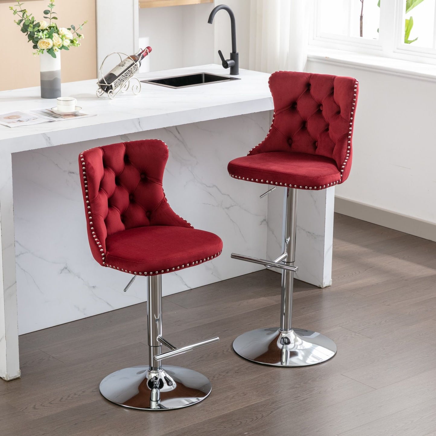Swivel Velvet Barstools Adjusatble Seat Height From 25-33", Chrome Base Bar Stools With Backs Comfortable Tufted For Home Pub And Kitchen Island, 1712Wr (Set of 2) - Wine Red / Burgundy