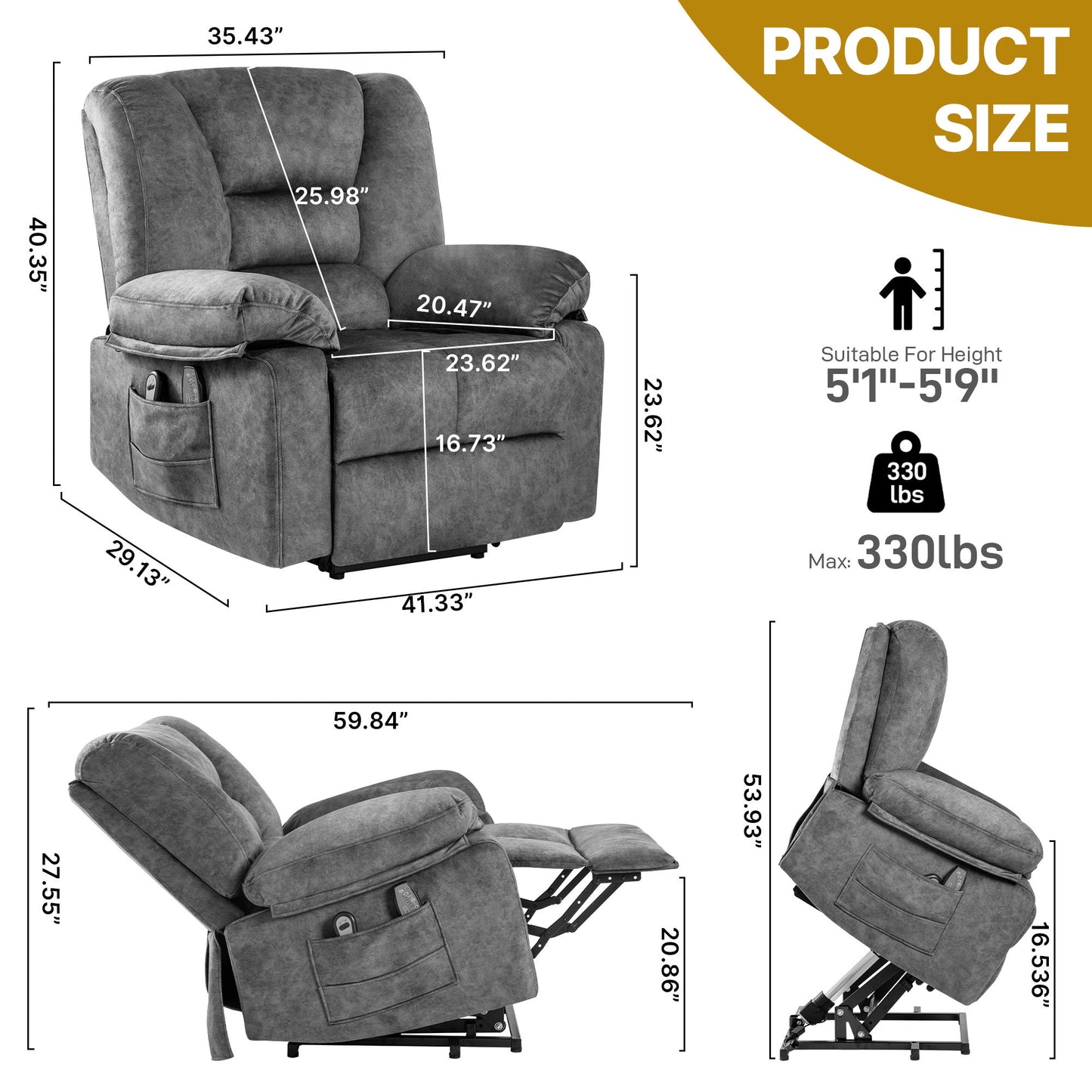 Power Lift Recliner Chair Sofa With Massage - Gray