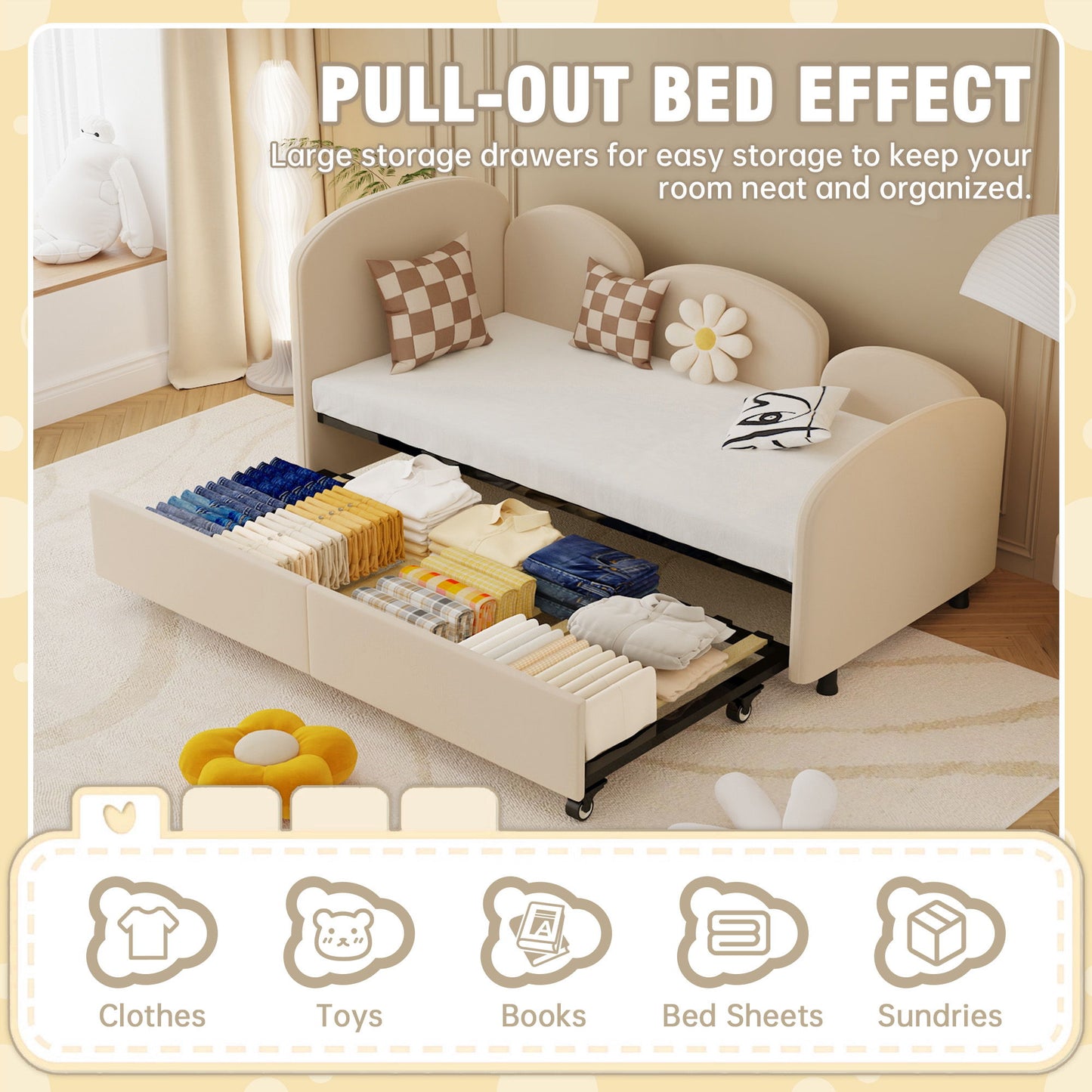 Modern Upholstered Daybed With Twin Size Bed Frames And Storage - Beige