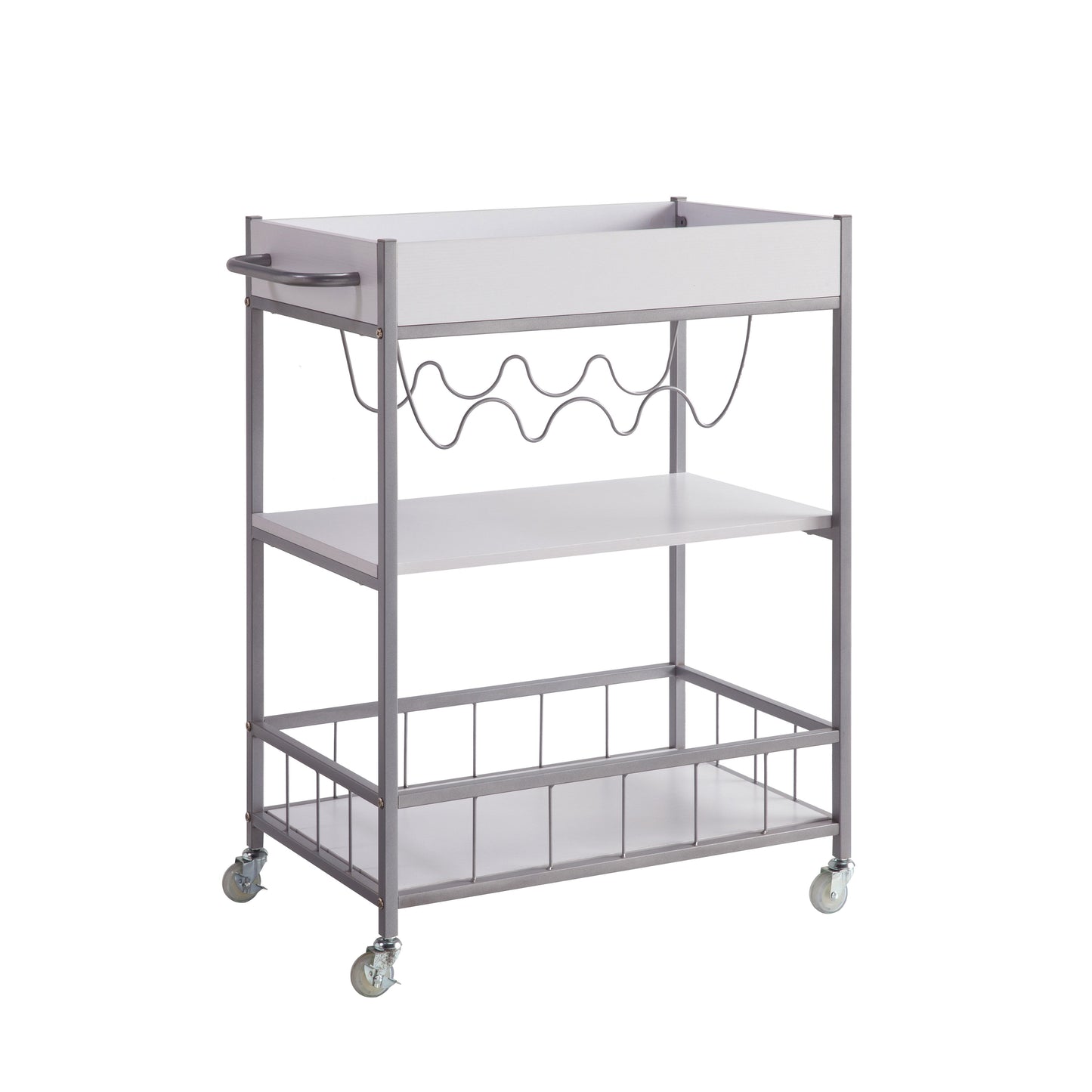 Rolling Kitchen Cart With Three Tier Storage And Four Wine Bottle Rack - White / Silver Metal