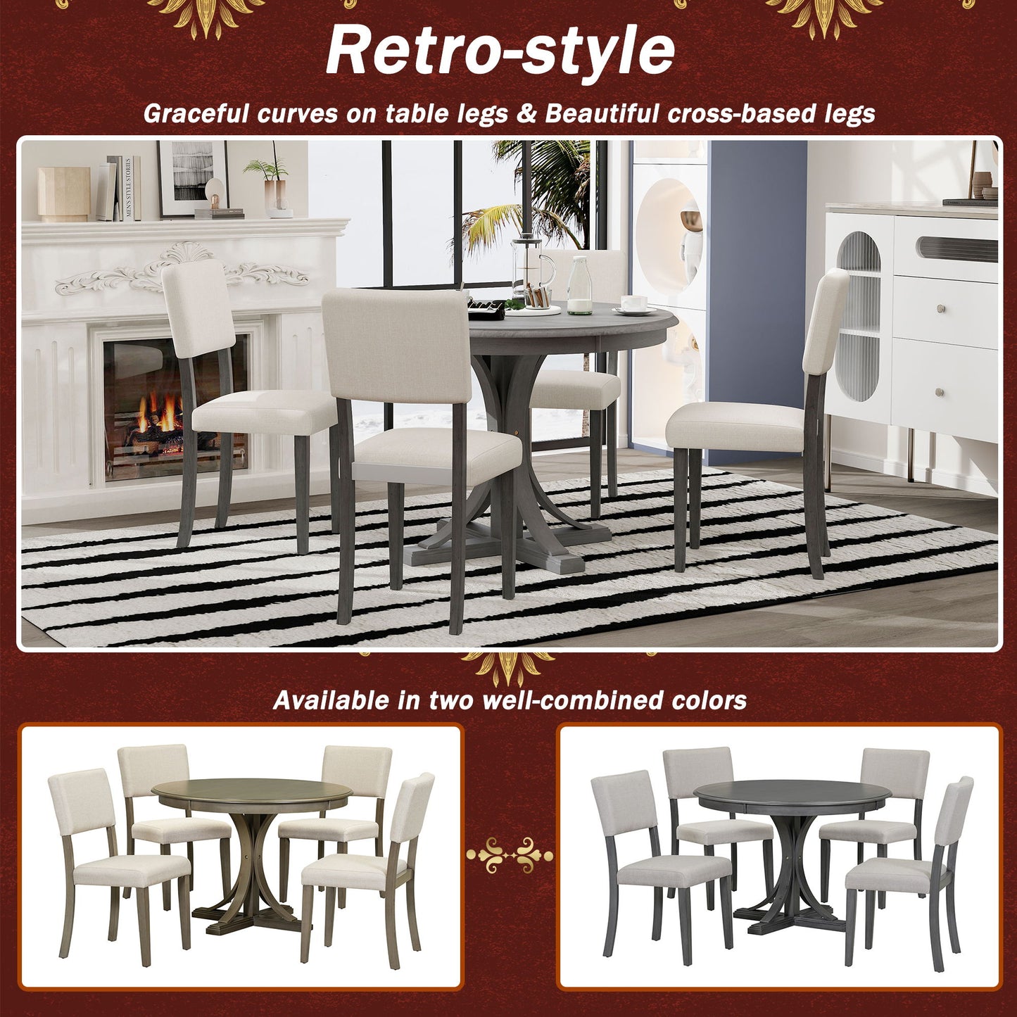 5 Piece Retro Round Dining Table Set With Curved Trestle Style Table Legs And 4 Upholstered Chairs For Dining Room - Dark Gray