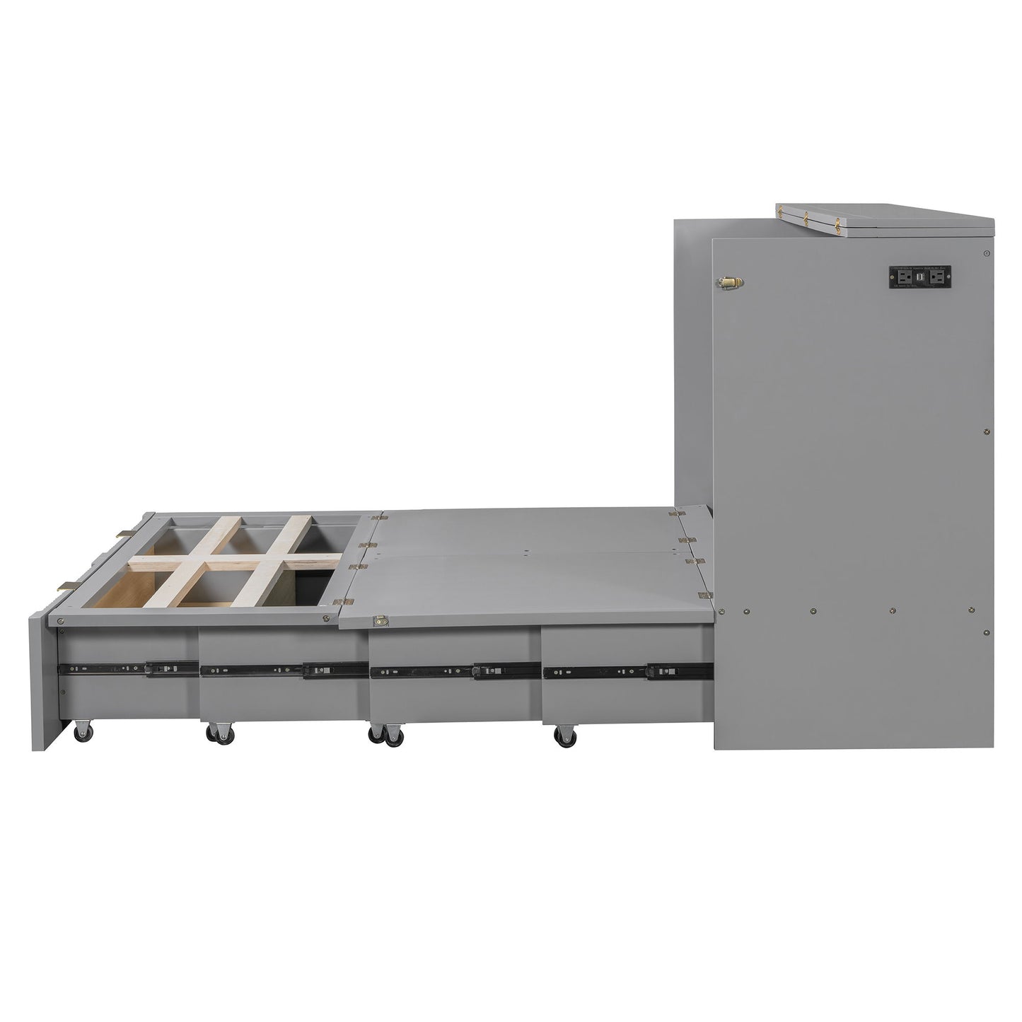 Full Size Murphy Bed With Drawer And A Set Of Sockets & USB Ports, Pulley Structure Design - Gray