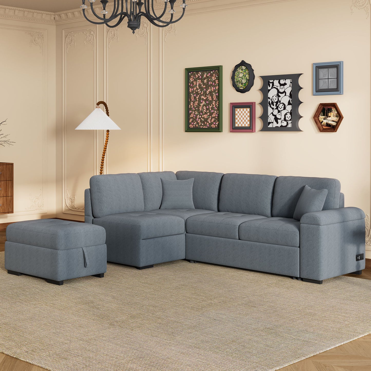 Sleeper Sectional Sofa, L-Shape Corner Couch Sofa - Bed With Storage Ottoman & Hidden Arm Storage & USB Charge For Living Room Apartment - Dark Gray
