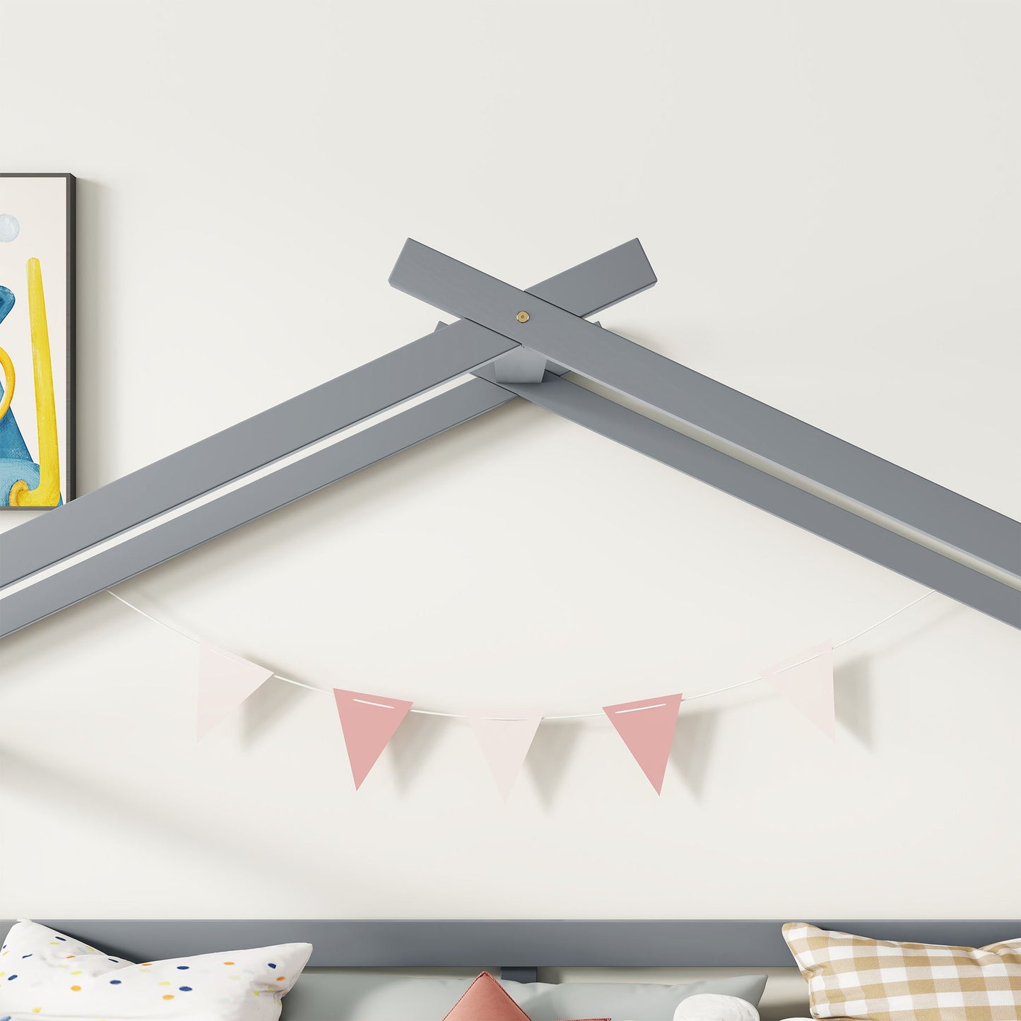 Twin Low Loft House Bed With Slide, Ladder, Safety Guardrails, House Roof Frame - Gray