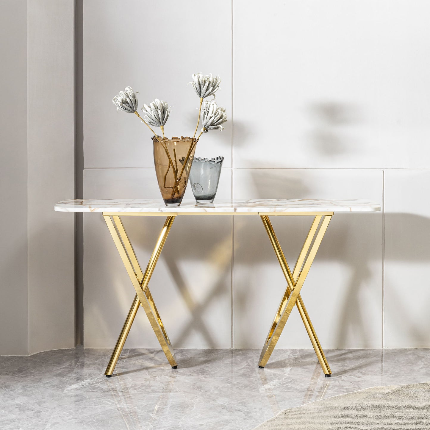 Modern Marble Pattern Console Table With Mirror Stainless Steel For Living Room - Gold
