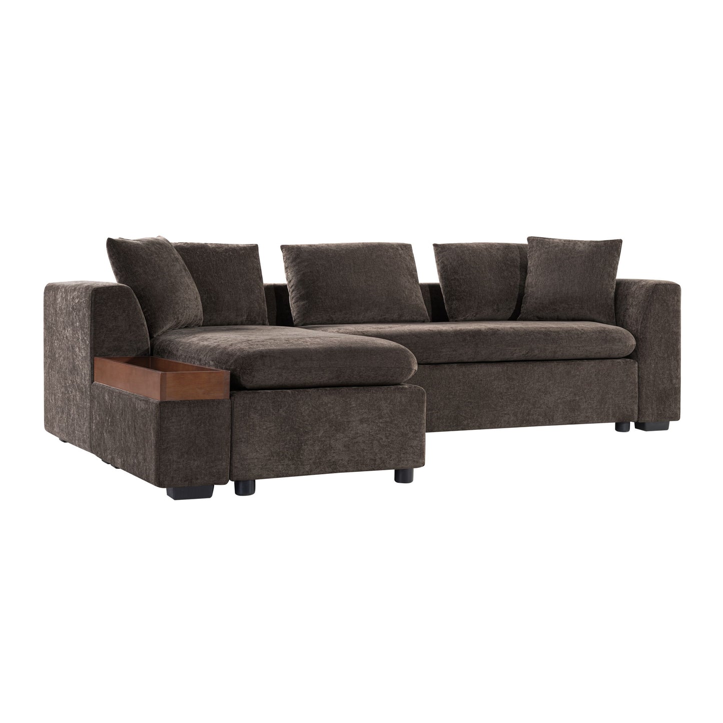 Elegant L Shaped Sectional Sofa With Chenille Upholstery And Wooden Storage Compartment - Brown