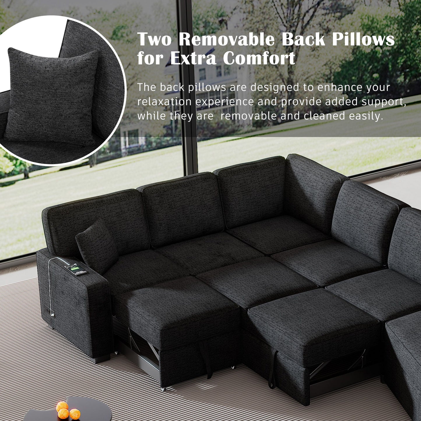 L-Shaped Sofa Sectional Sofa Couch Pull-Out Sofa Bed With Charging Devices And Cup Holders For Living Room - Blue Black