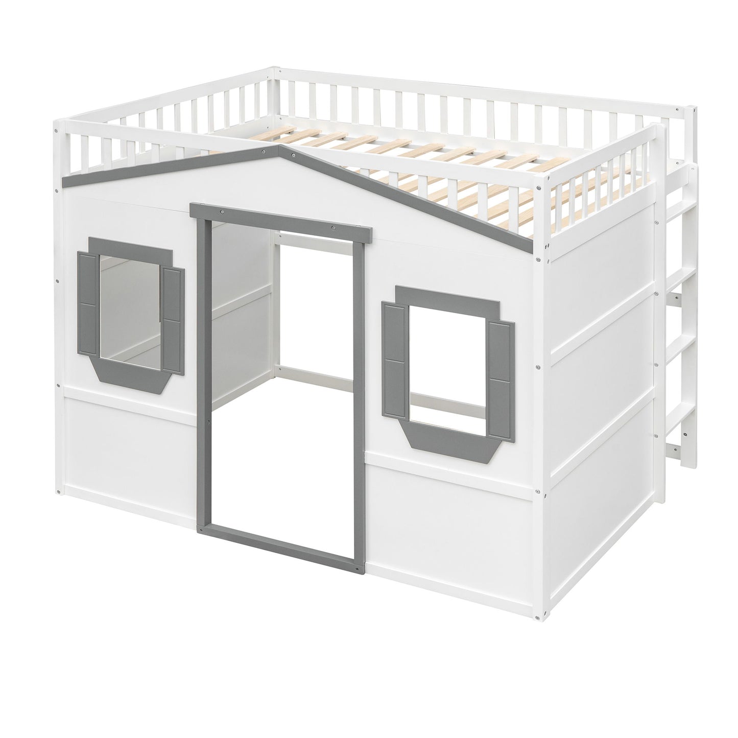 Full Size House Loft Bed With Ladder - White / Gray