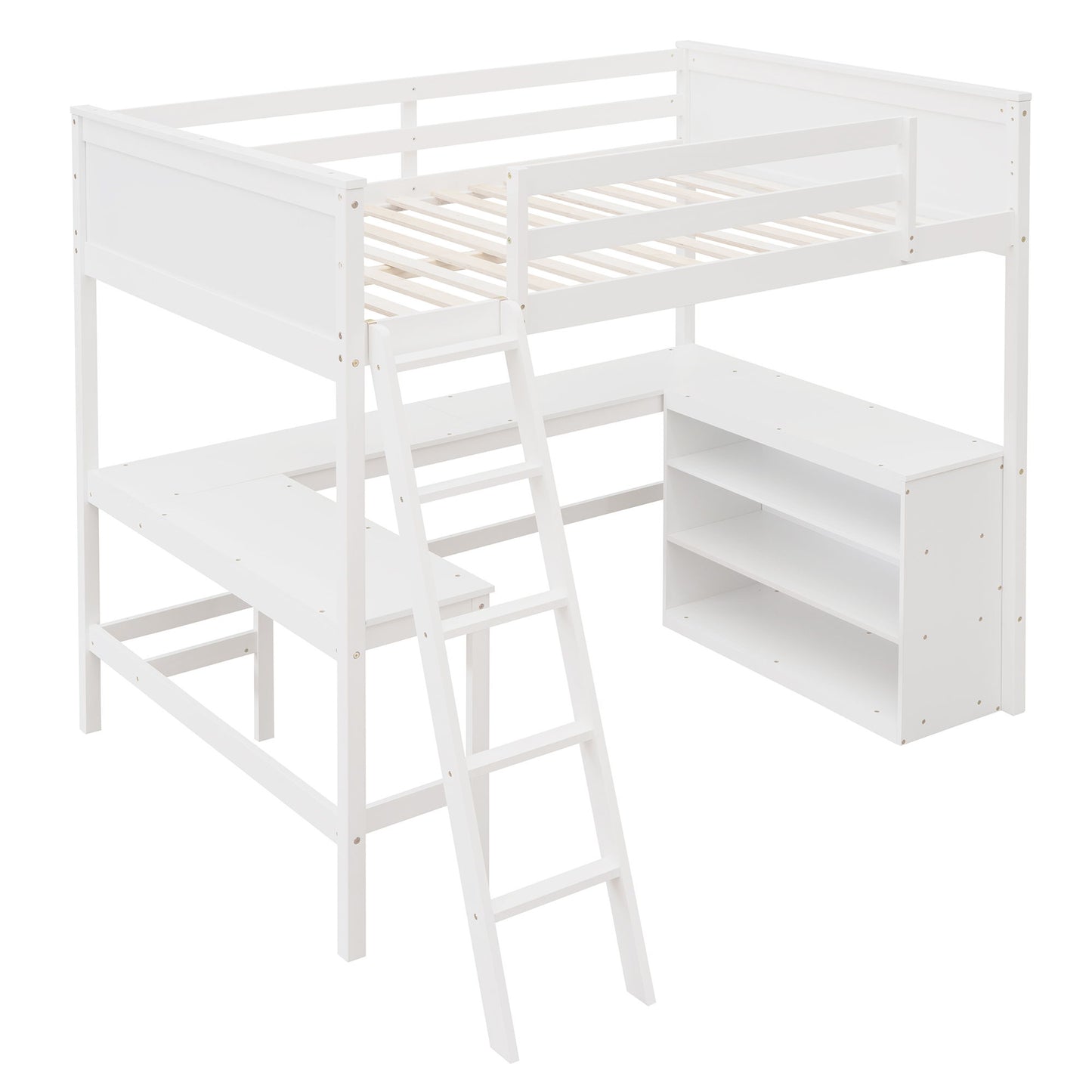 Full Size Loft Bed With Shelves With Desk - White