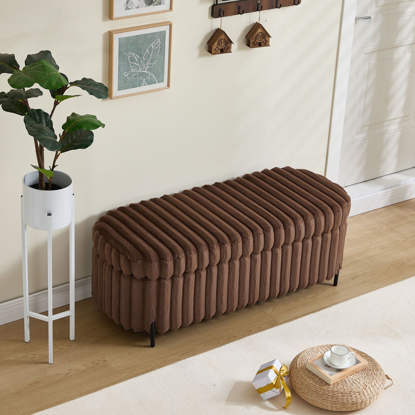 Contemporary Faux Fur Flip Top Storage Bench With - Black Metal Legs, Wide - Brown