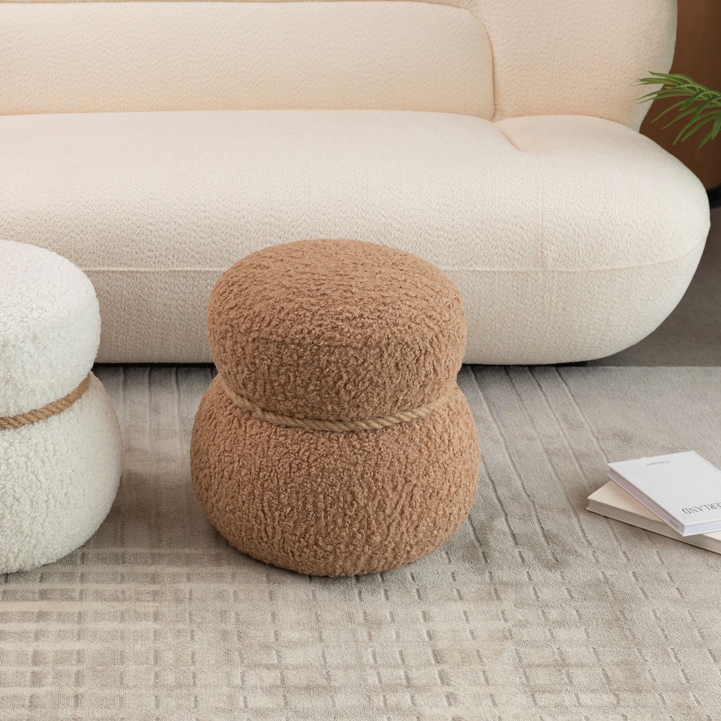 Snowman Stool With Lamb Wool Cushion And Solid Wood Frame - Light Camel