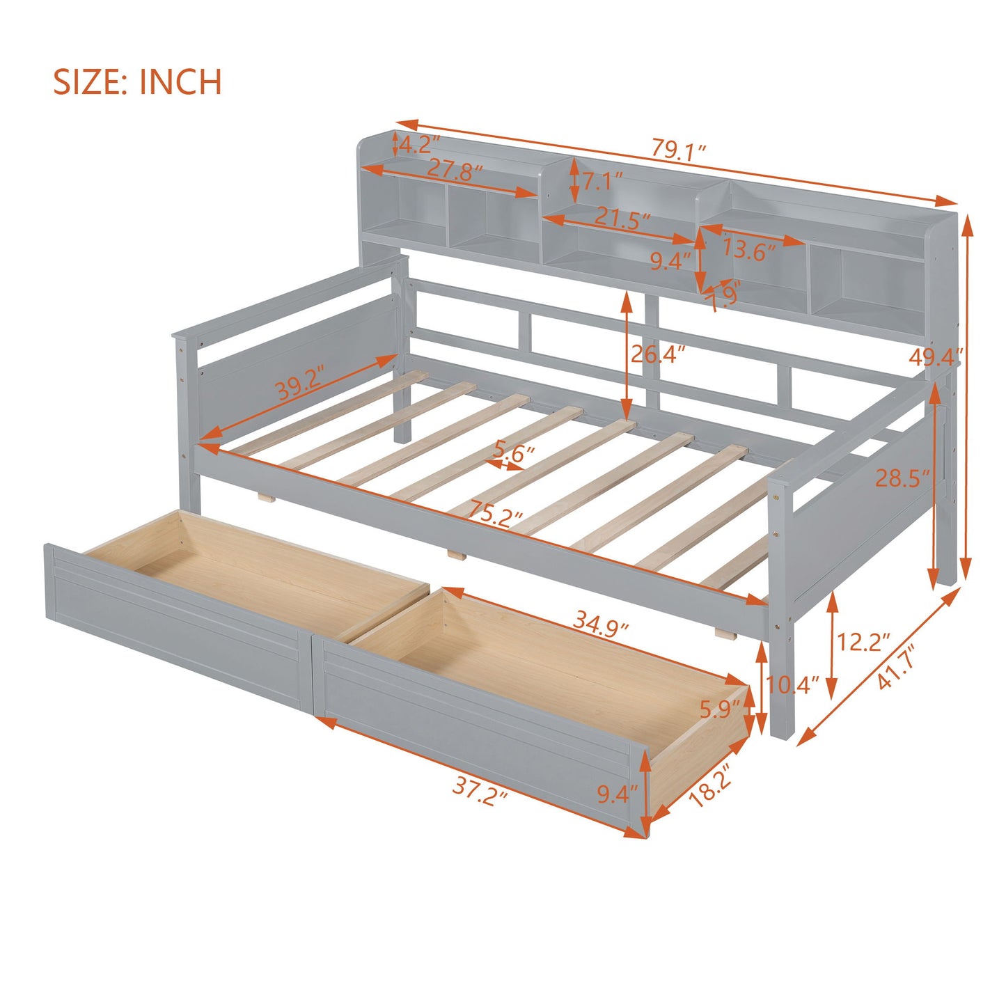 Twin Size Daybed, Slat Support, With Bedside Shelves And 2 Drawers - Gray