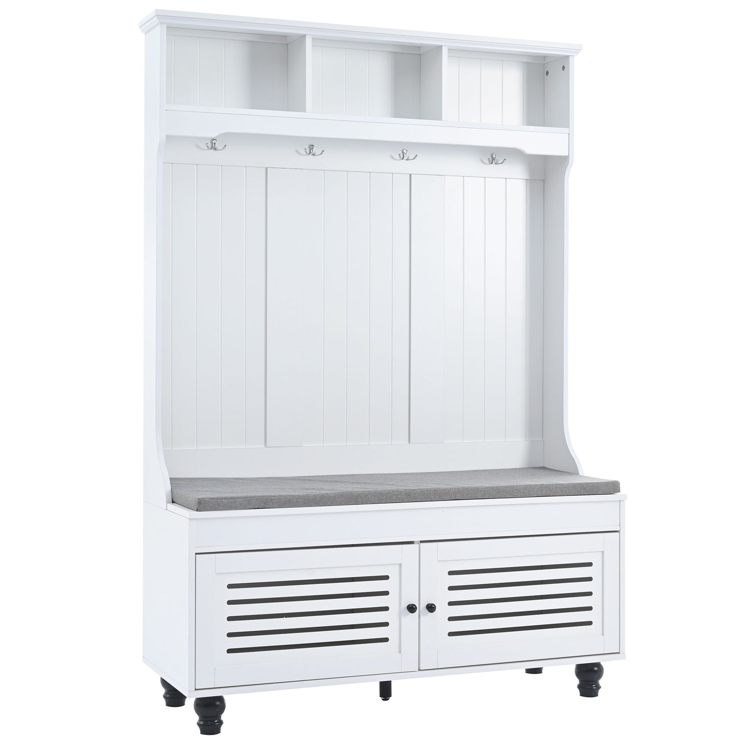5 In 1 Entryway Bench With Shutter - Shaped Doors, Coat Rack, Cushion And 4 Sturdy Hooks, Wide Hall Tree With Storage Bench For Hallway, Entryway, Living Room - White