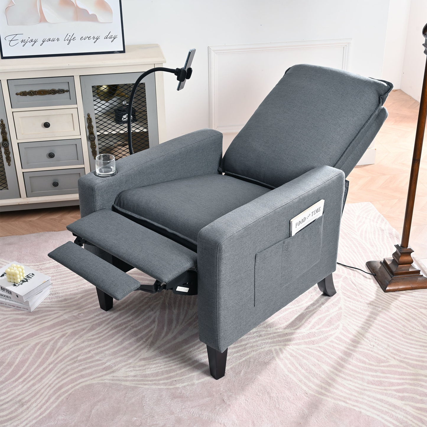 Recliner Chairs For Adults, Adjustable Recliner Sofa With Mobile Phone Holder & Cup Holder, Modern Reclining Chairs Fabric Push Back Recliner Chairs For Living Room, Bedroom - Gray