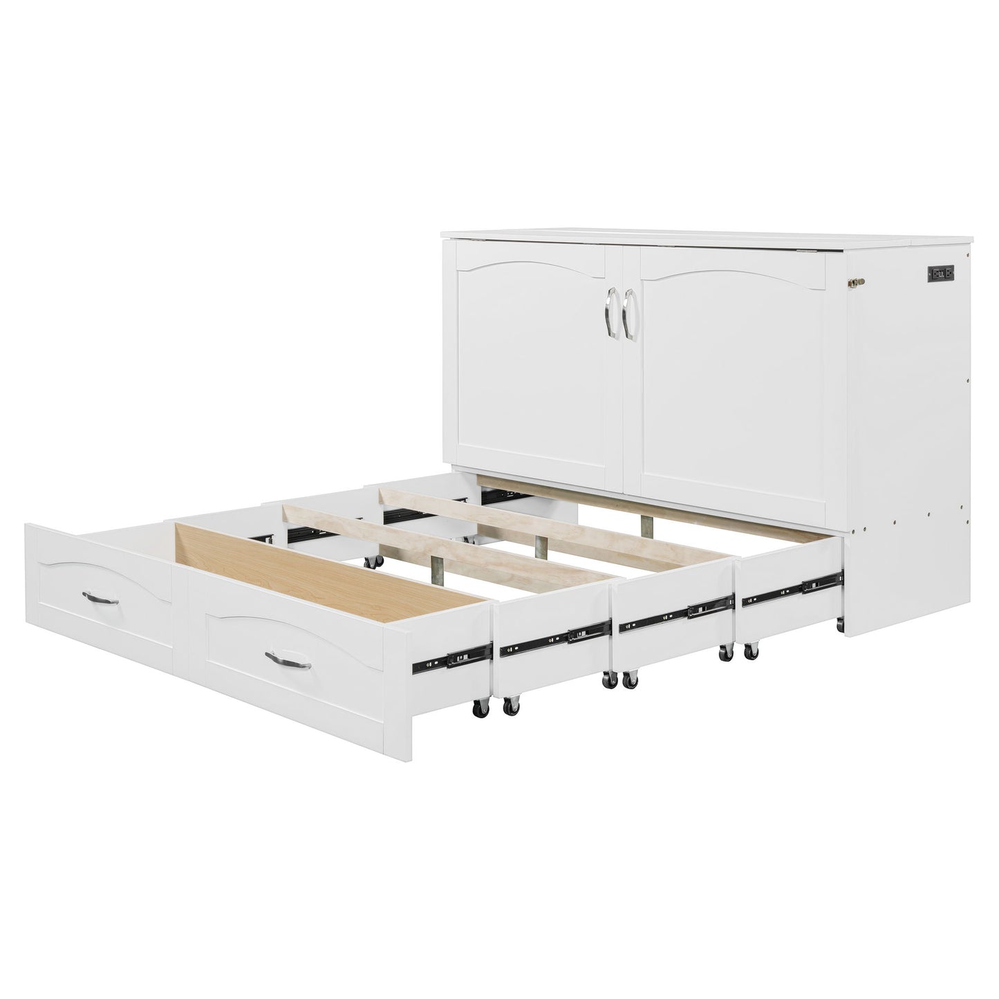 Queen Size Murphy Wall Bed With Drawer And A Set Of Sockets & USB Ports, Pulley Structure Design - White
