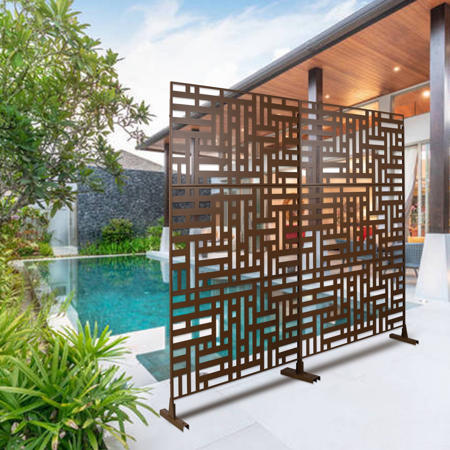 Outdoor & Indoor Privacy Screen Metal Privacy Screen, Freestanding Decorative Privacy Screen - Brown