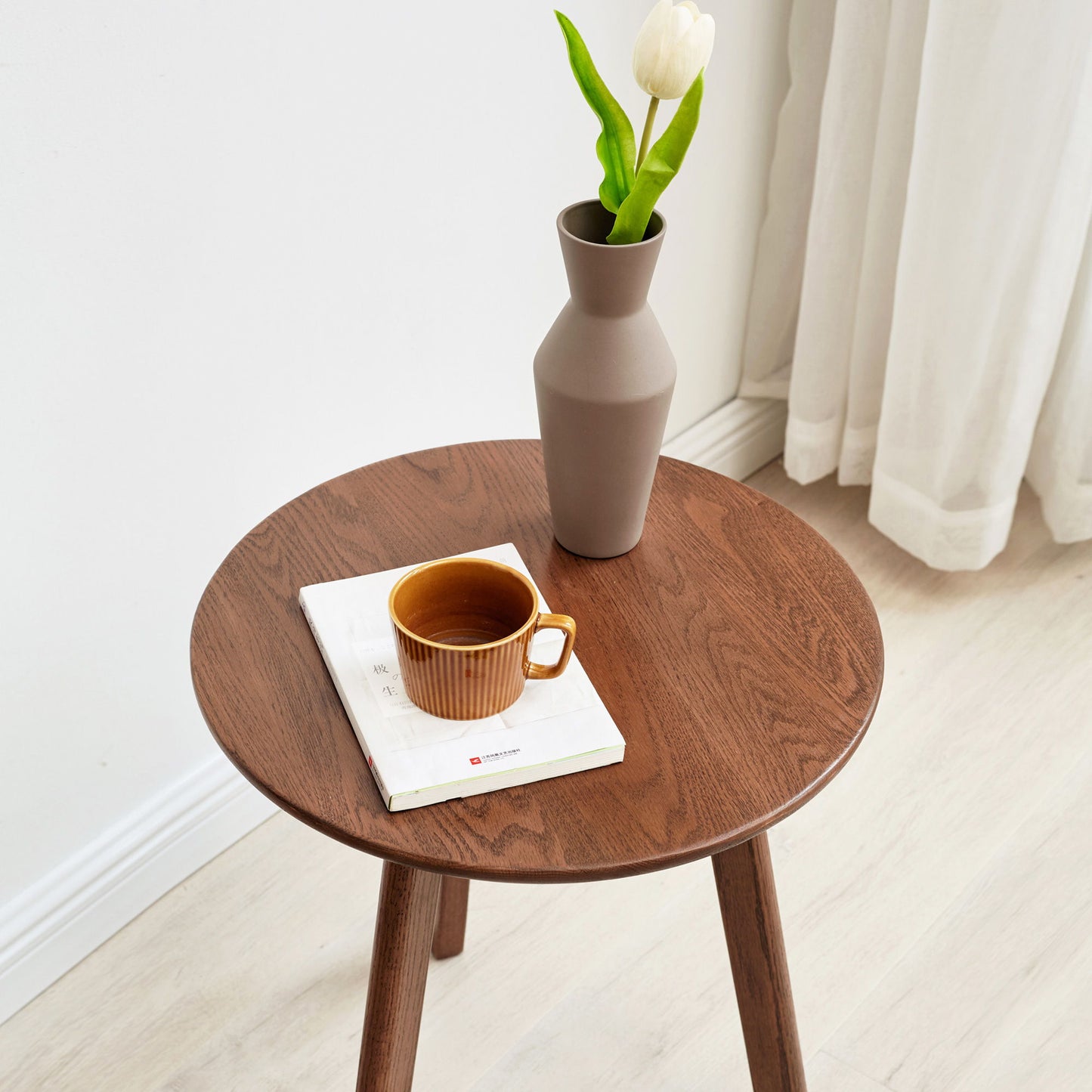 Round Small End Table, Side Table For Bedroom & Balcony - Walnut